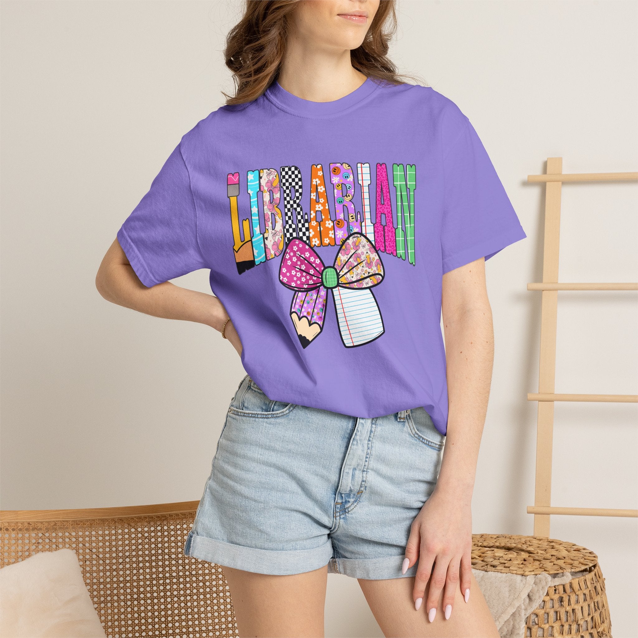 Librarian Graphic T‑Shirt — Colorful Bookish Bow Design