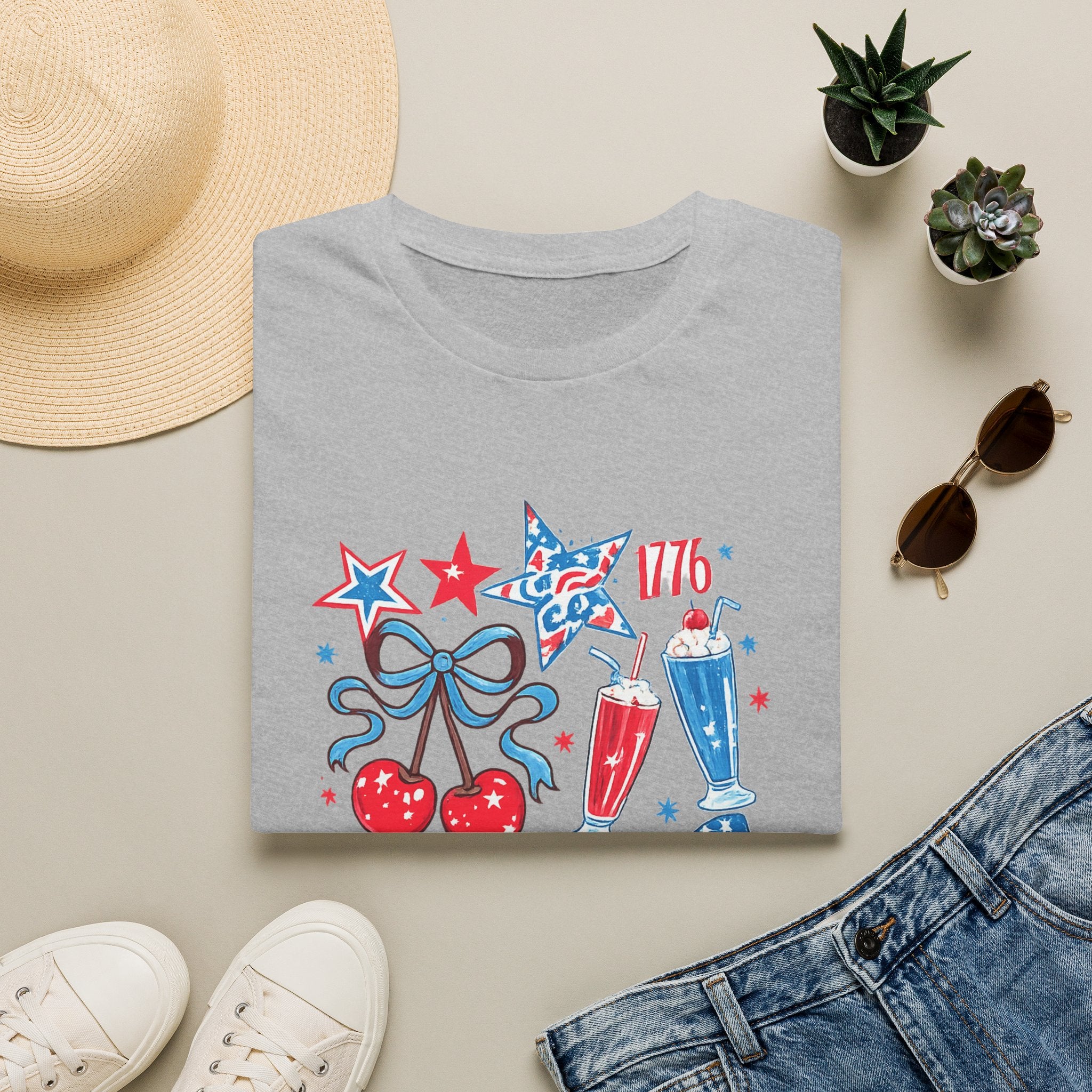 Patriotic 4th of July T-Shirt — USA 1776 Red White Blue Cherry & Soda Design
