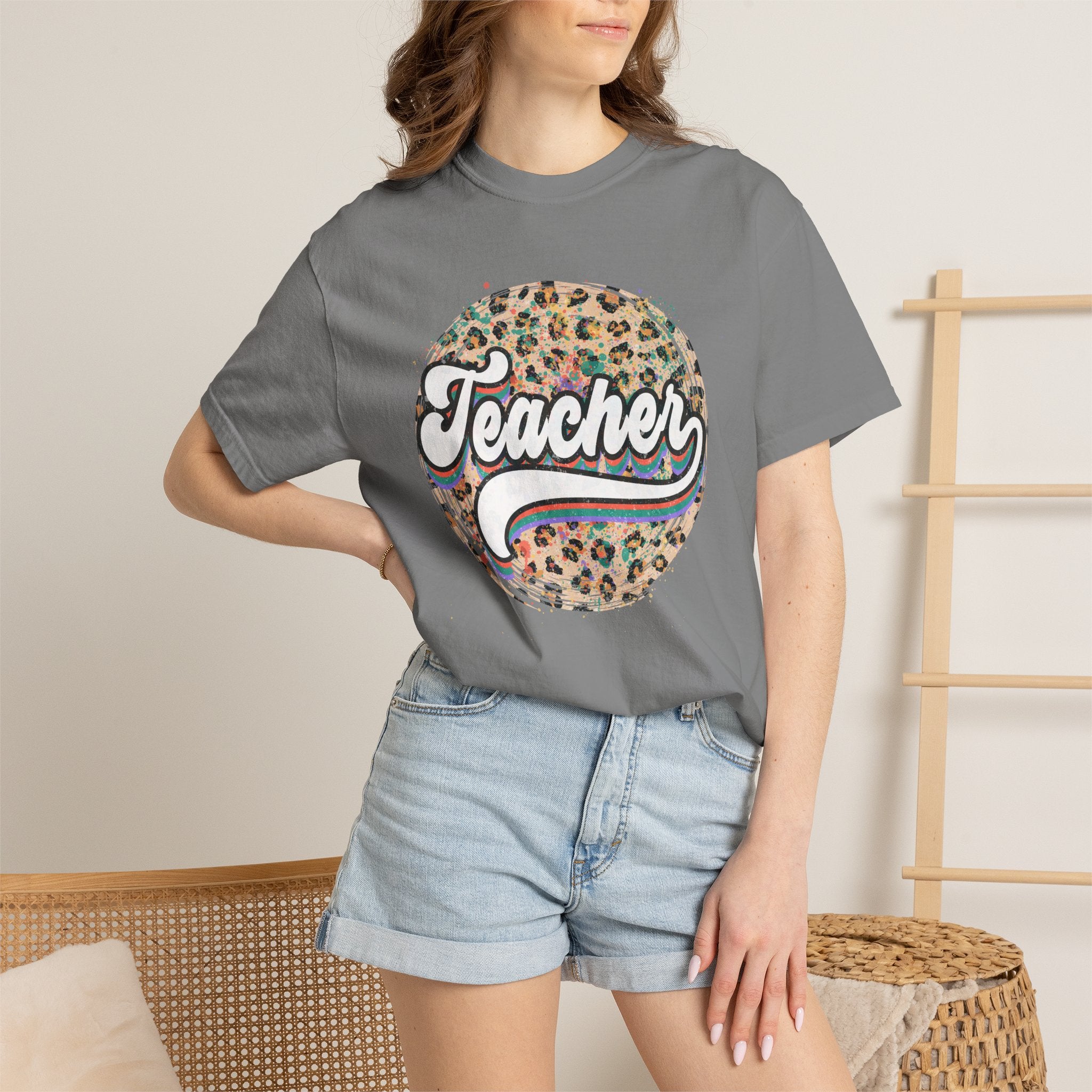 Teacher Leopard Circle T-Shirt — Retro Rainbow Script Tee for Educators