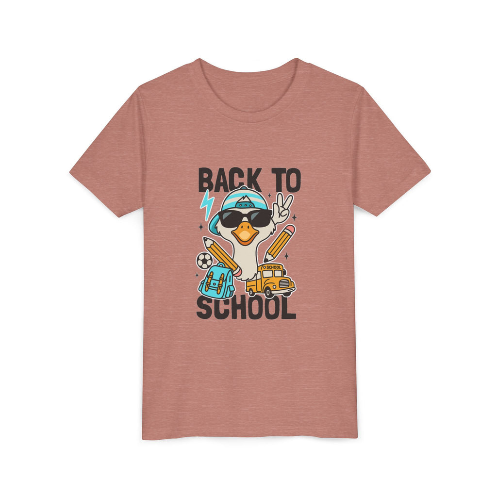 Back to School Duck Youth Tee — Cute Kids School Shirt with Backpack, Bus & Pencil Design