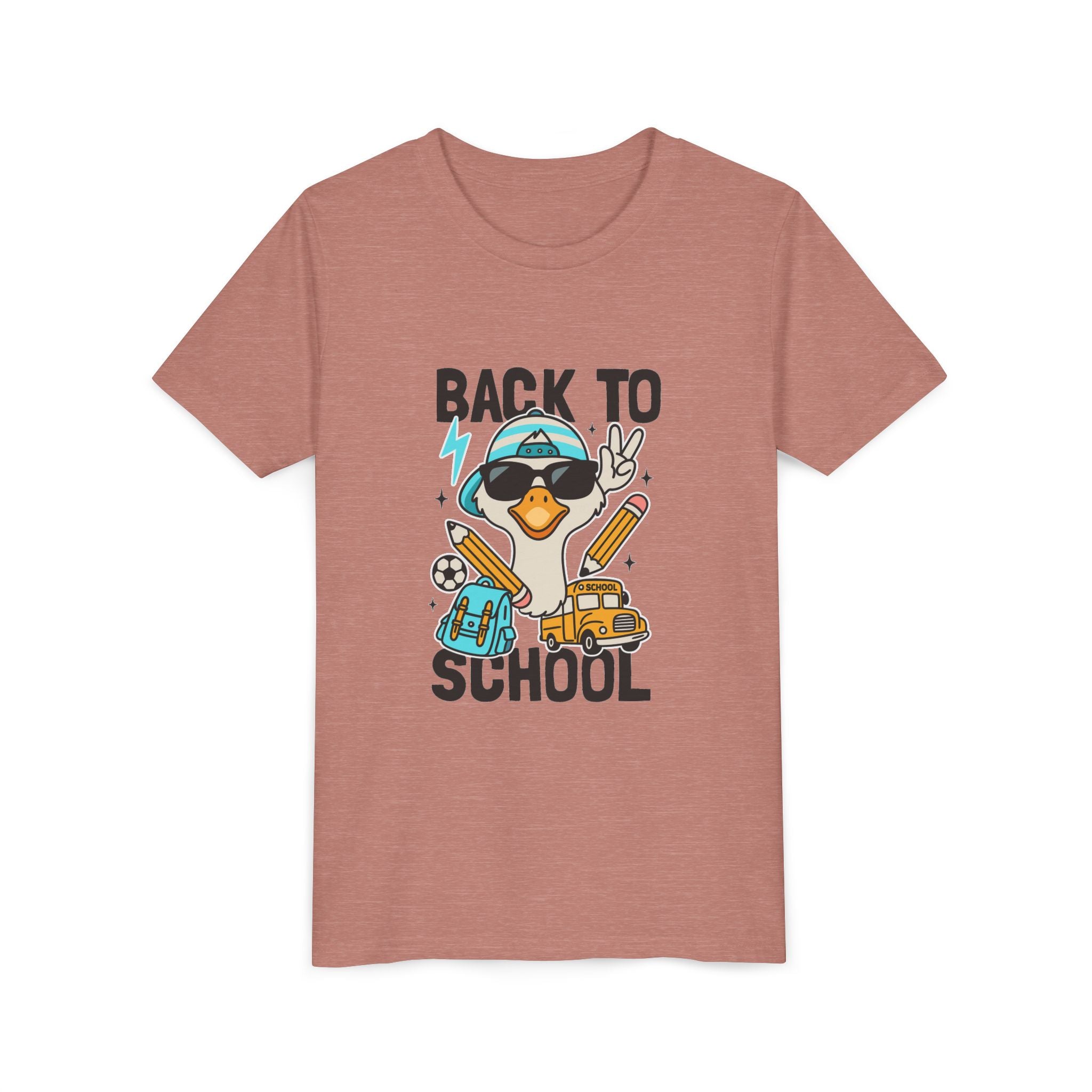 Back to School Duck Youth Tee — Cute Kids School Shirt with Backpack, Bus & Pencil Design