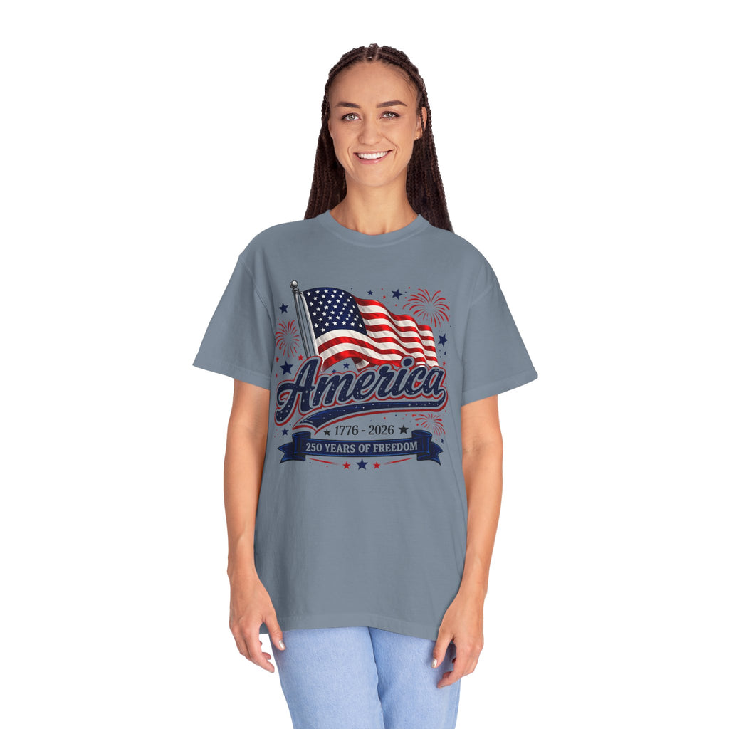 America 250th Anniversary T-Shirt — "America" Flag & Fireworks 1776–2026