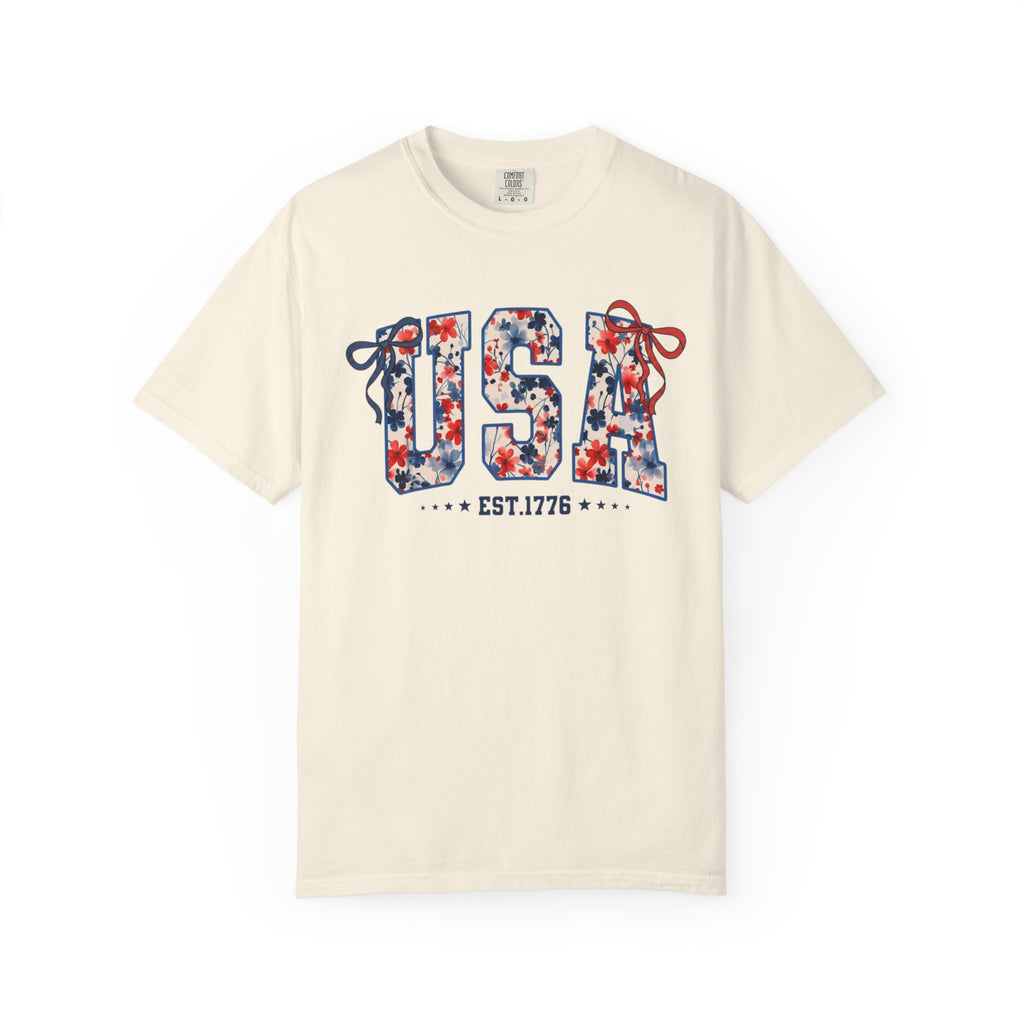USA Floral Graphic T-Shirt — EST.1776 Patriotic Fourth of July Tee