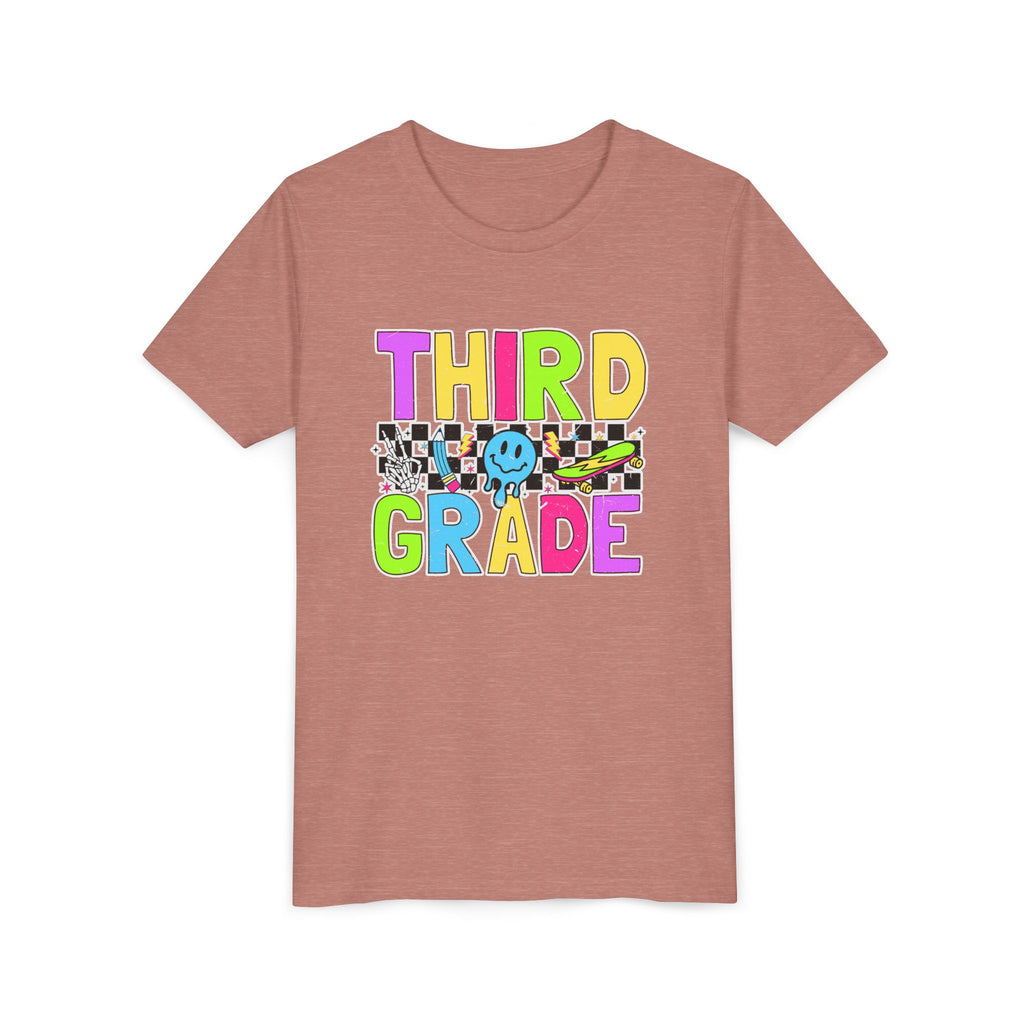 Third Grade Youth T‑Shirt — Colorful Checkerboard Smileback School Tee