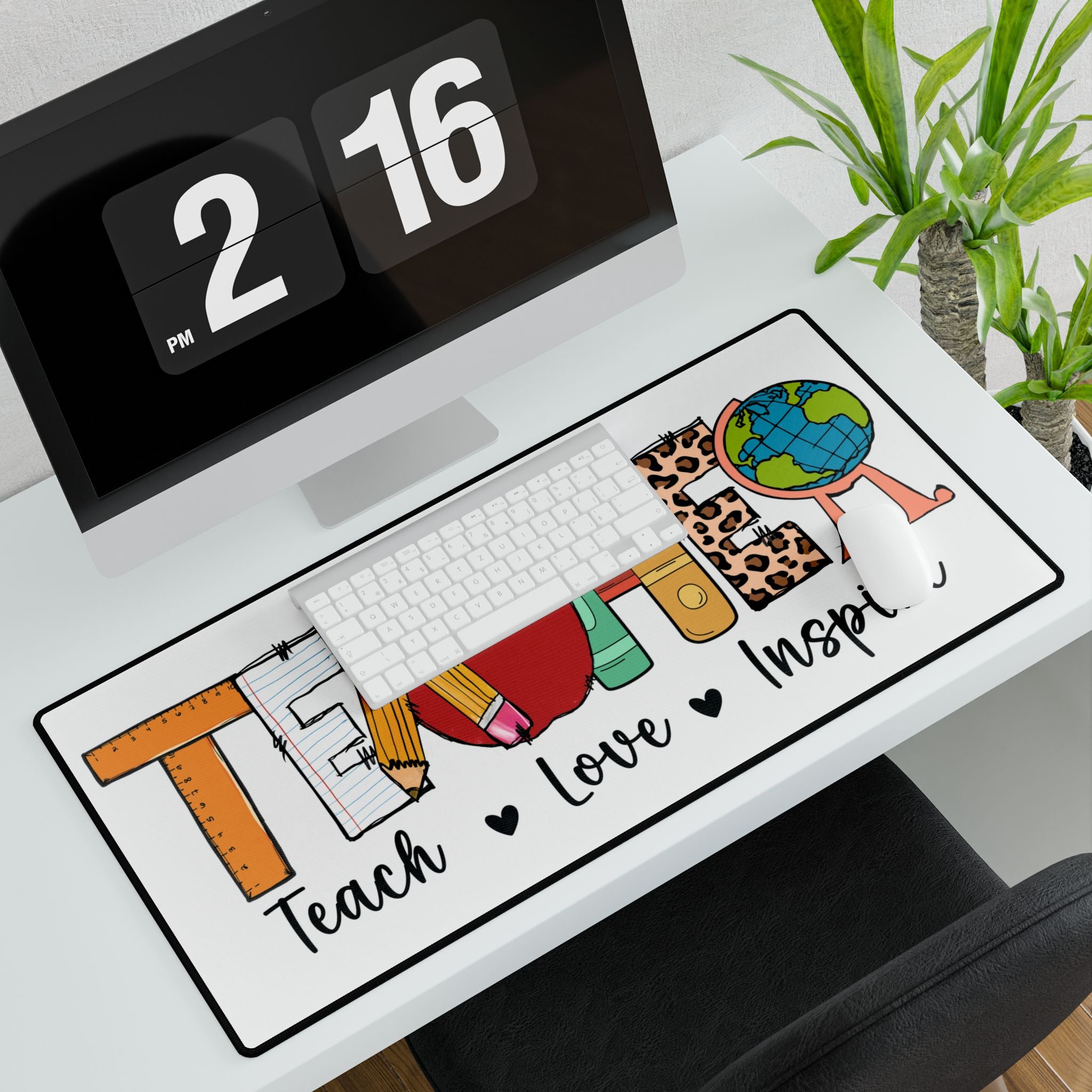 Teacher Desk Mat – "Teach • Love • Inspire" Classroom Desk Pad with Pencil, Apple & Globe Design