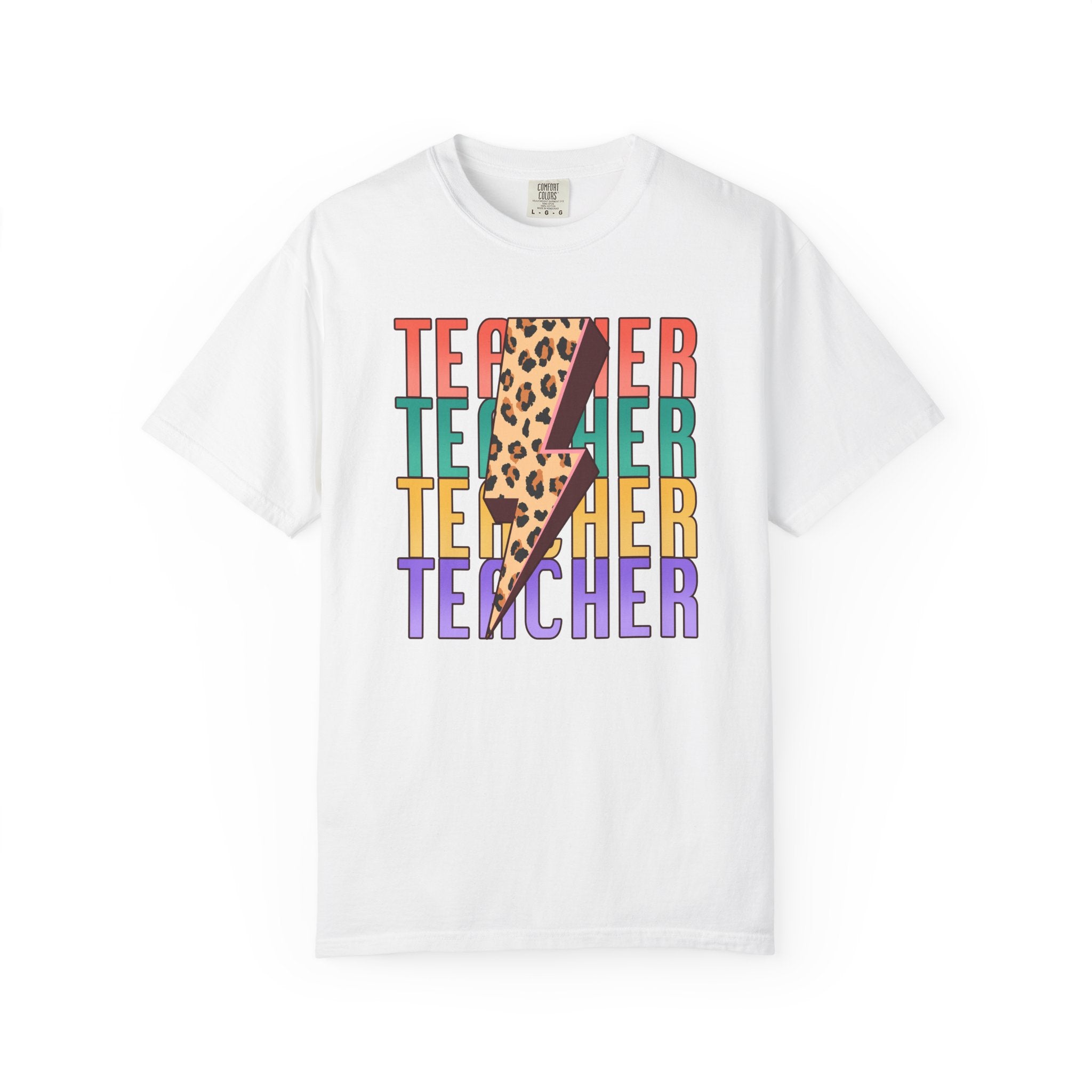 Teacher Lightning Bolt Leopard Print T‑Shirt — Colorful Retro Teacher Tee