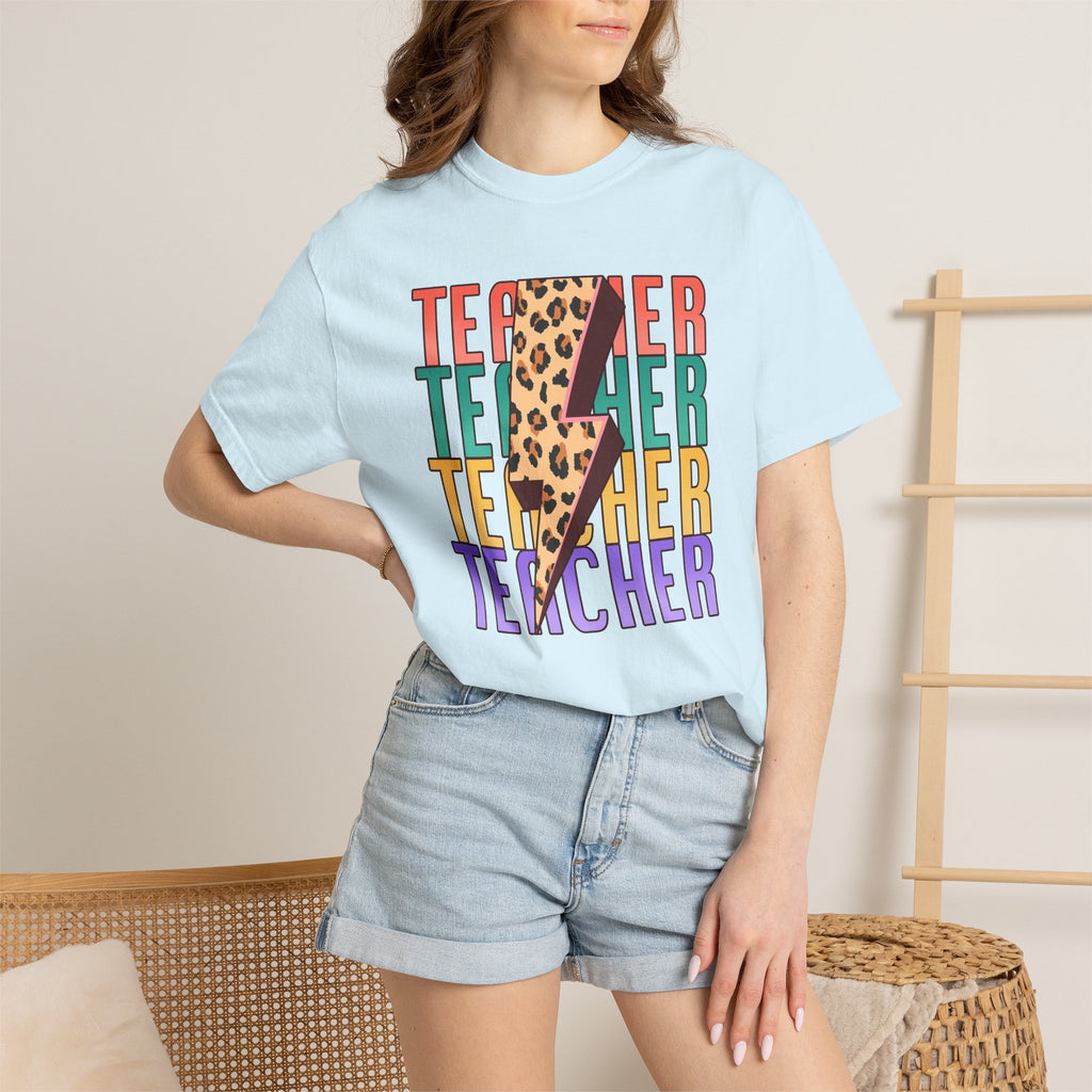 Teacher Lightning Bolt Leopard Print T‑Shirt — Colorful Retro Teacher Tee