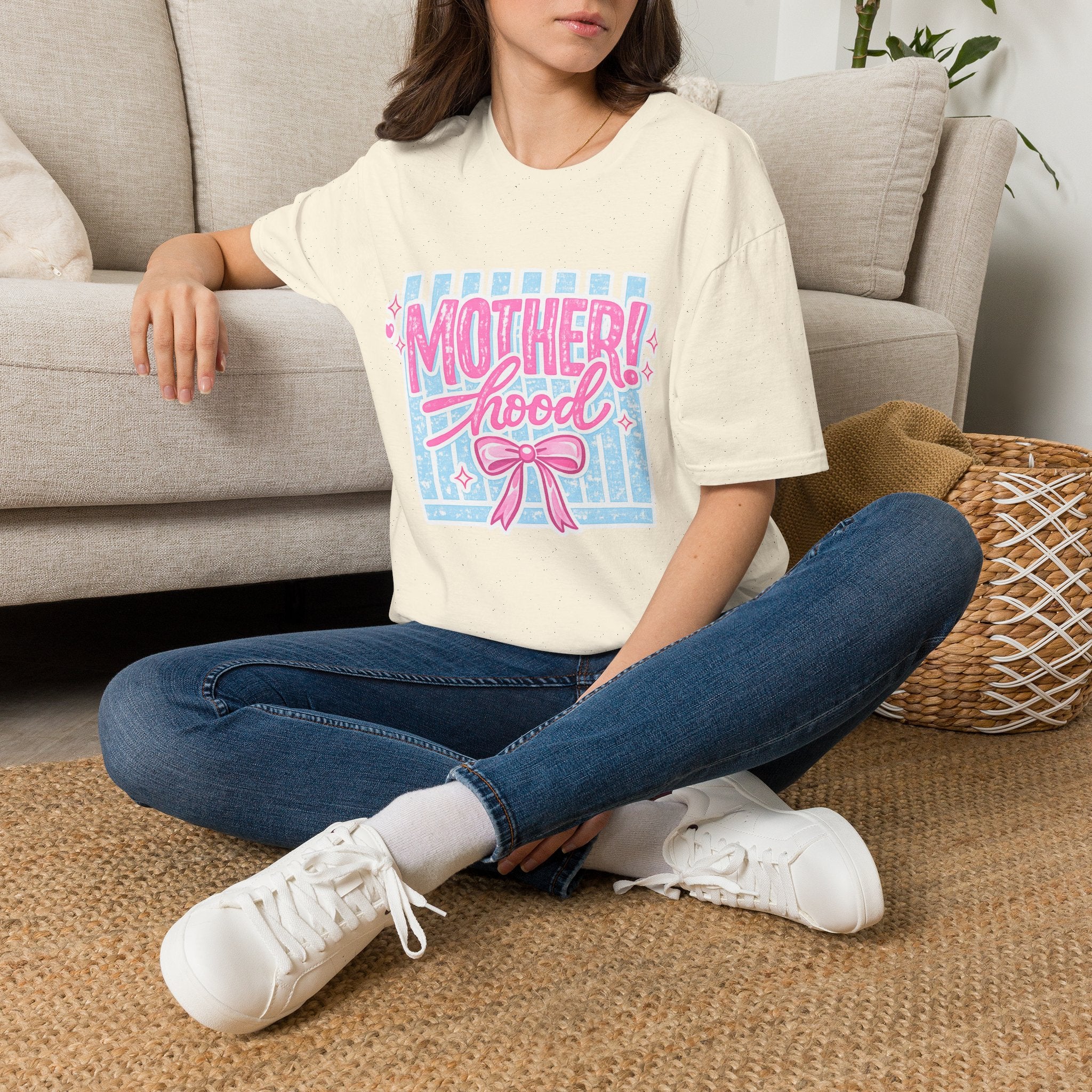 Motherhood Retro Tee — "Mother!hood" Pink & Blue Graphic T-Shirt for New Moms