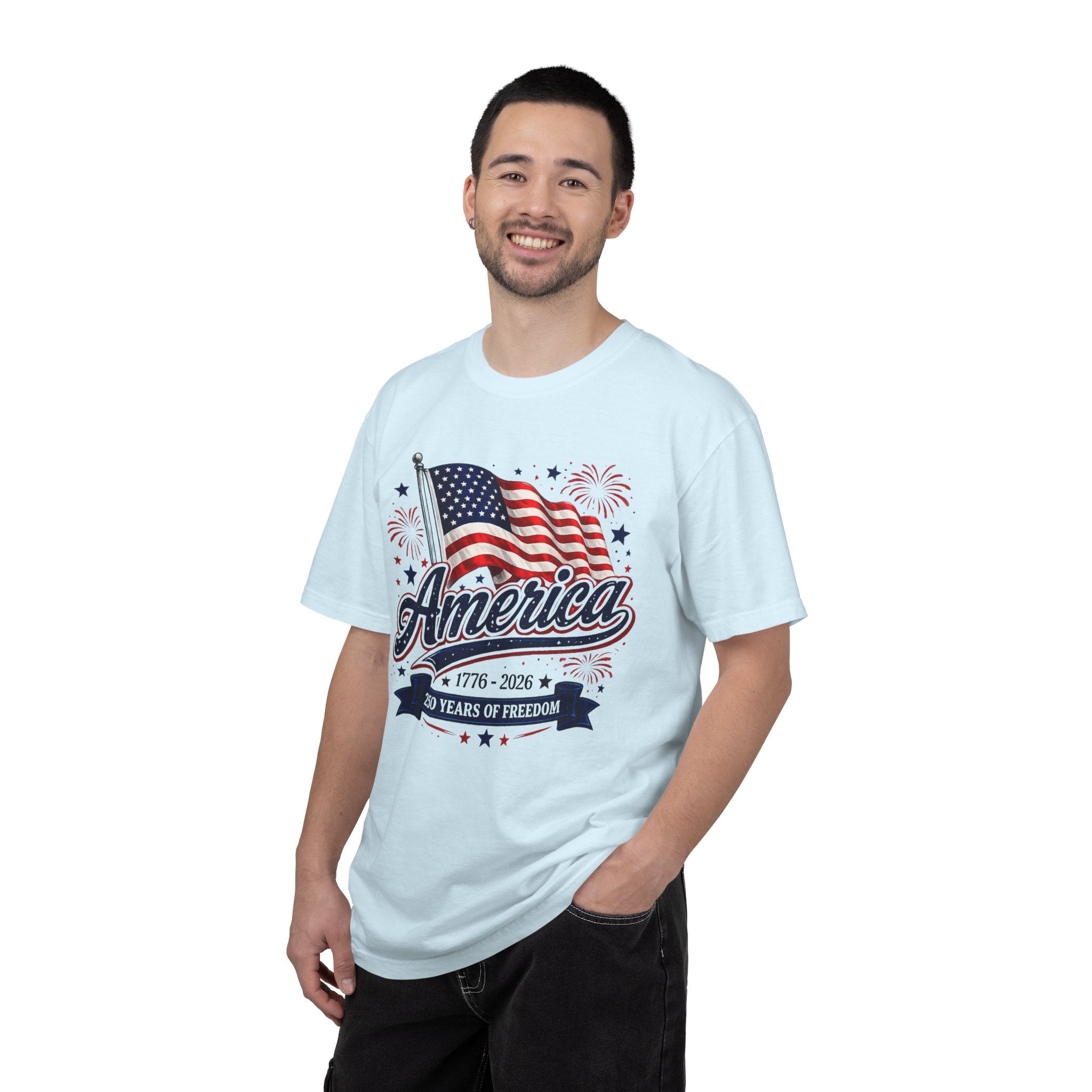 America 250th Anniversary T-Shirt — "America" Flag & Fireworks 1776–2026