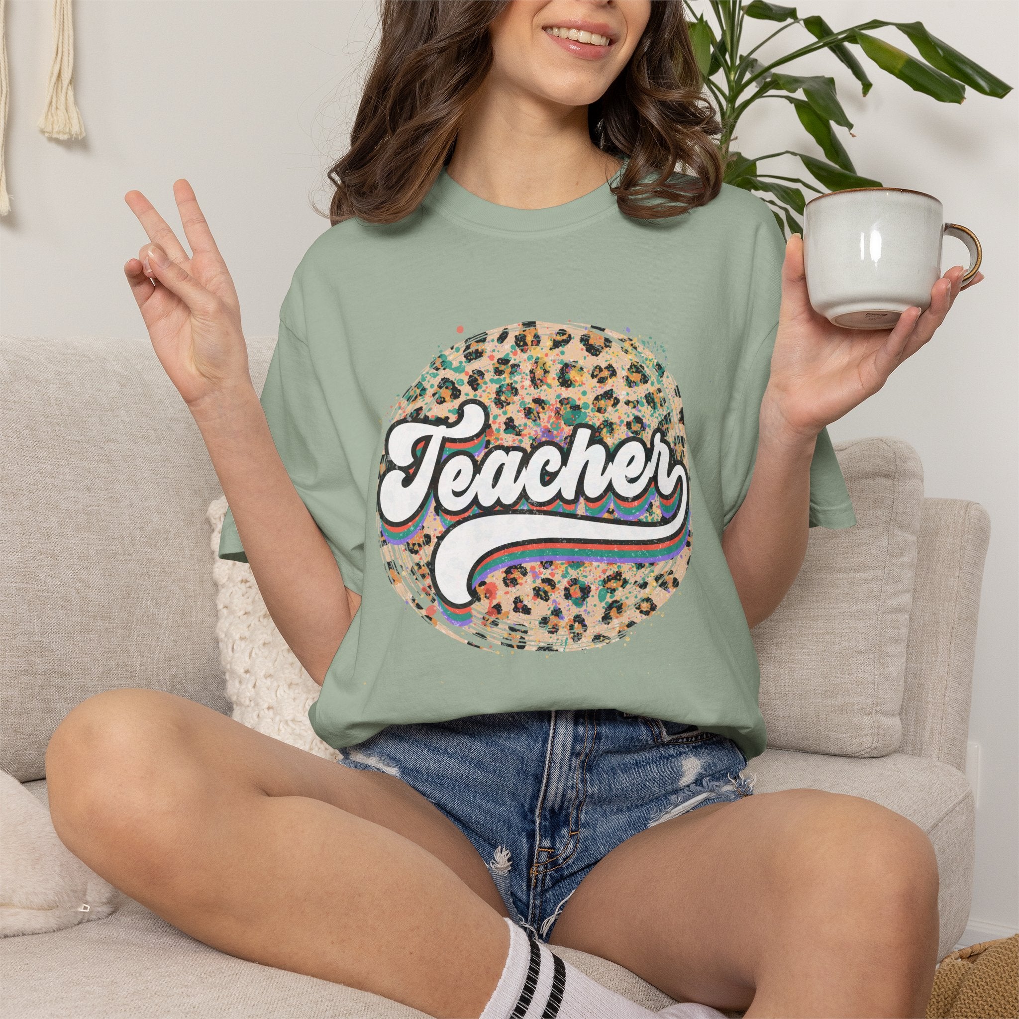 Teacher Leopard Circle T-Shirt — Retro Rainbow Script Tee for Educators