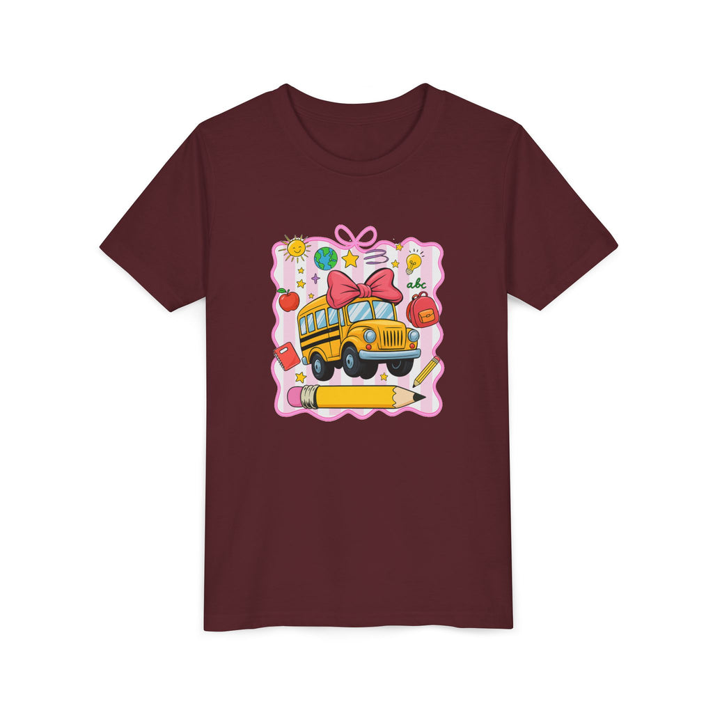 Youth Tee — Cute School Bus Back to School Kids Shirt (Pencil, Apple, Sun)