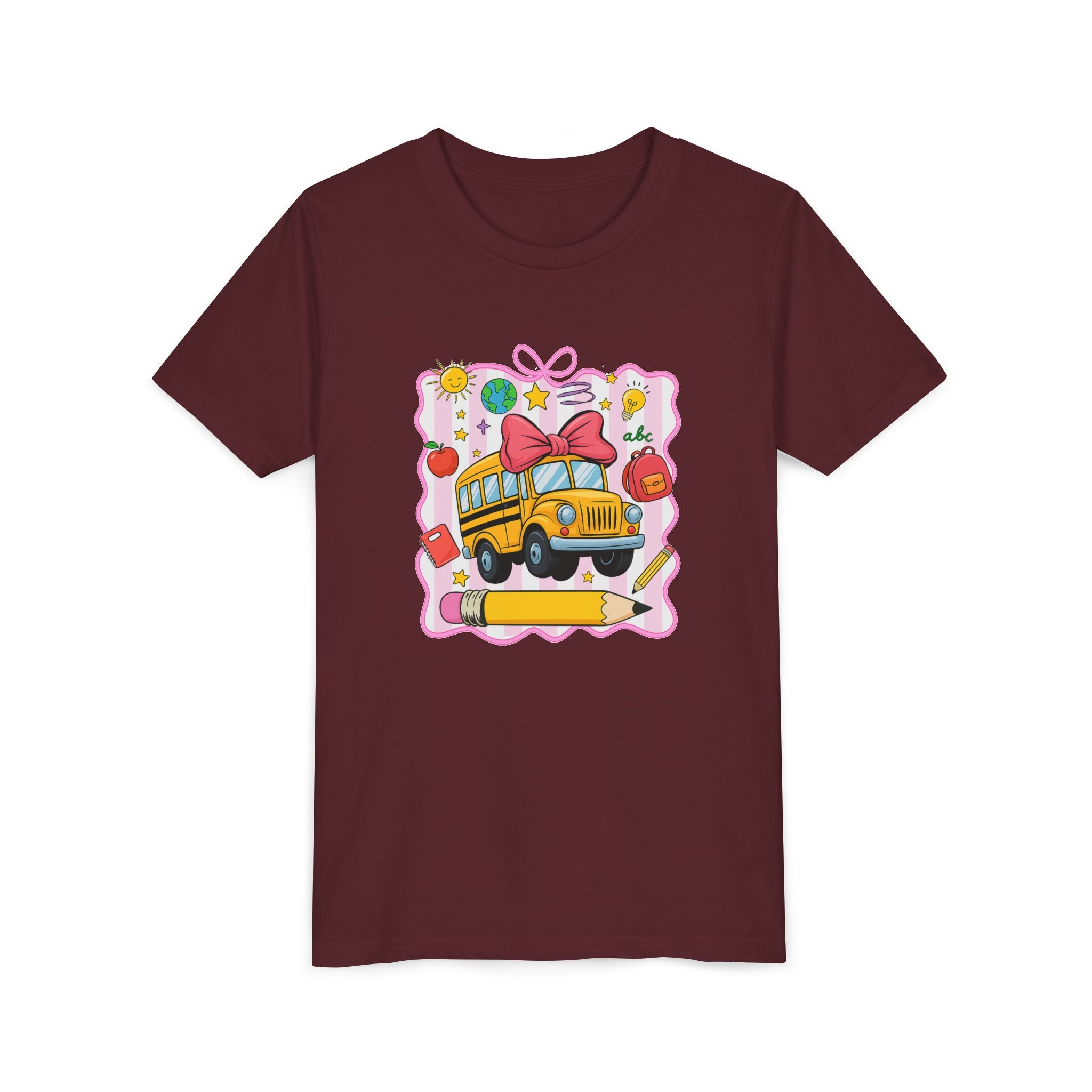 Youth Tee — Cute School Bus Back to School Kids Shirt (Pencil, Apple, Sun)