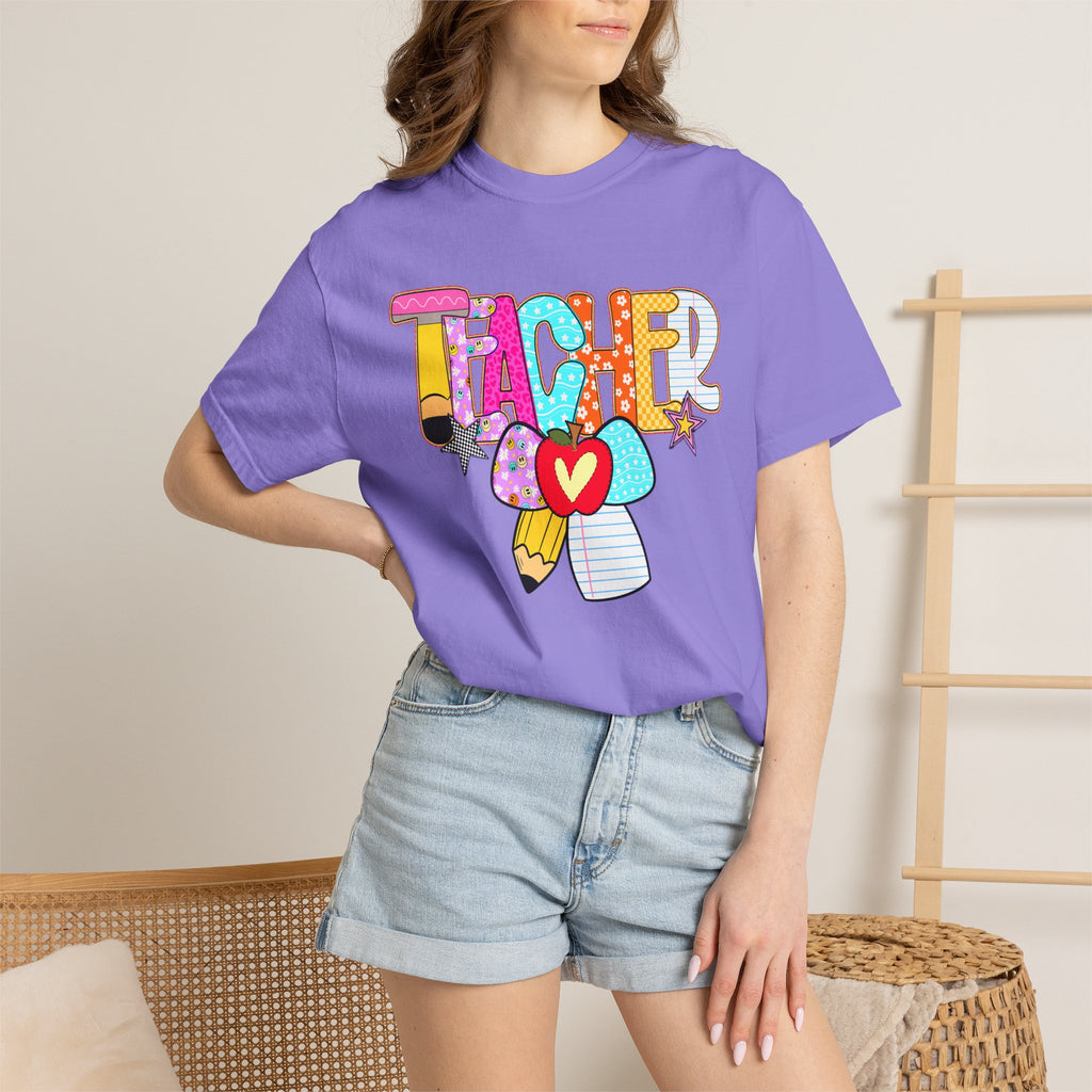 Teacher Doodle Graphic T‑Shirt — Colorful Pencil & Apple School Design