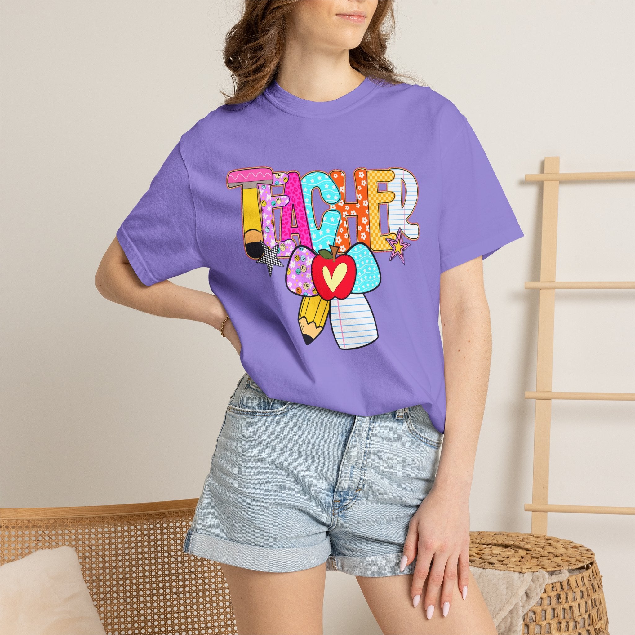 Teacher Doodle Graphic T‑Shirt — Colorful Pencil & Apple School Design
