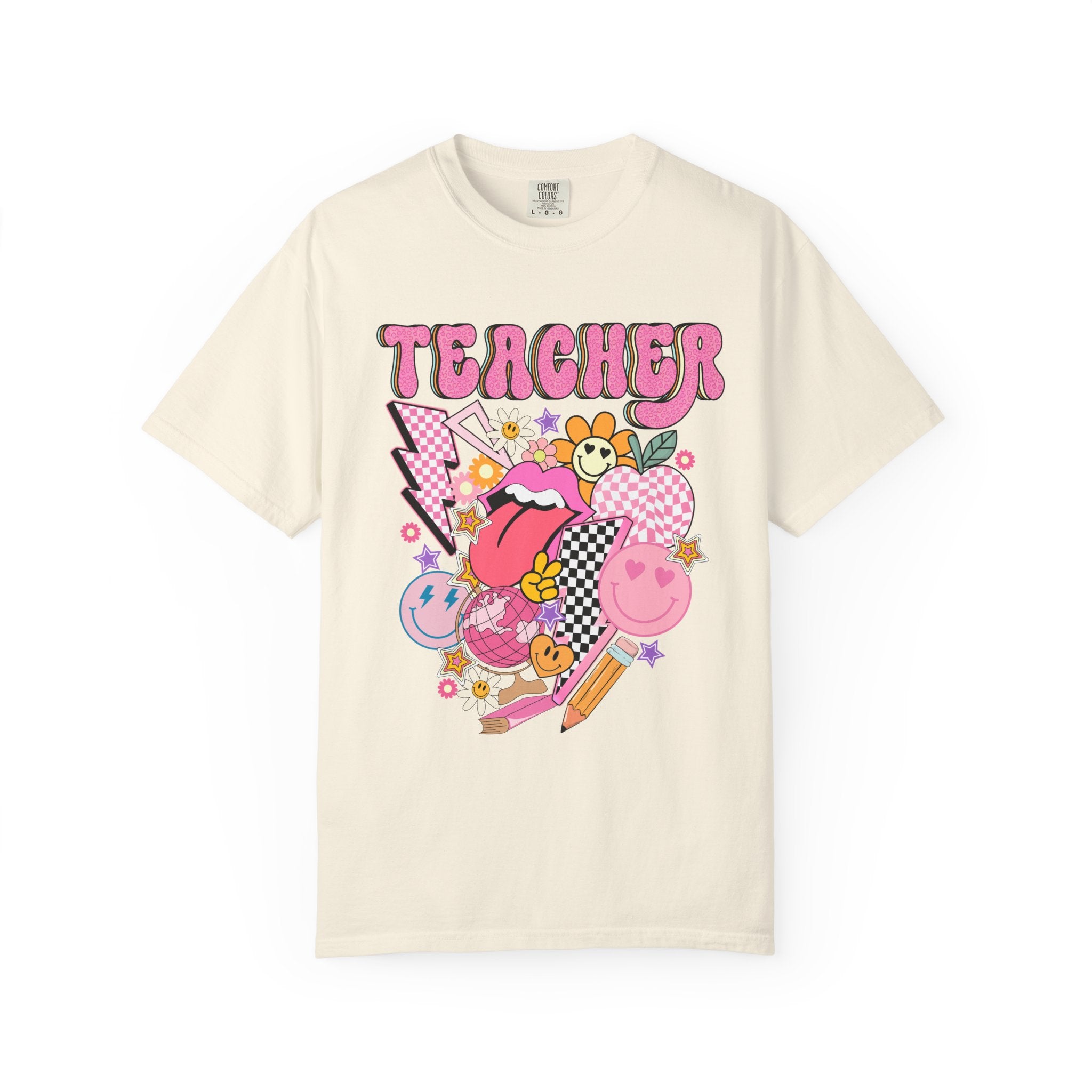Teacher Retro Pop Graphic T‑Shirt — Cute Pink School Staff Shirt