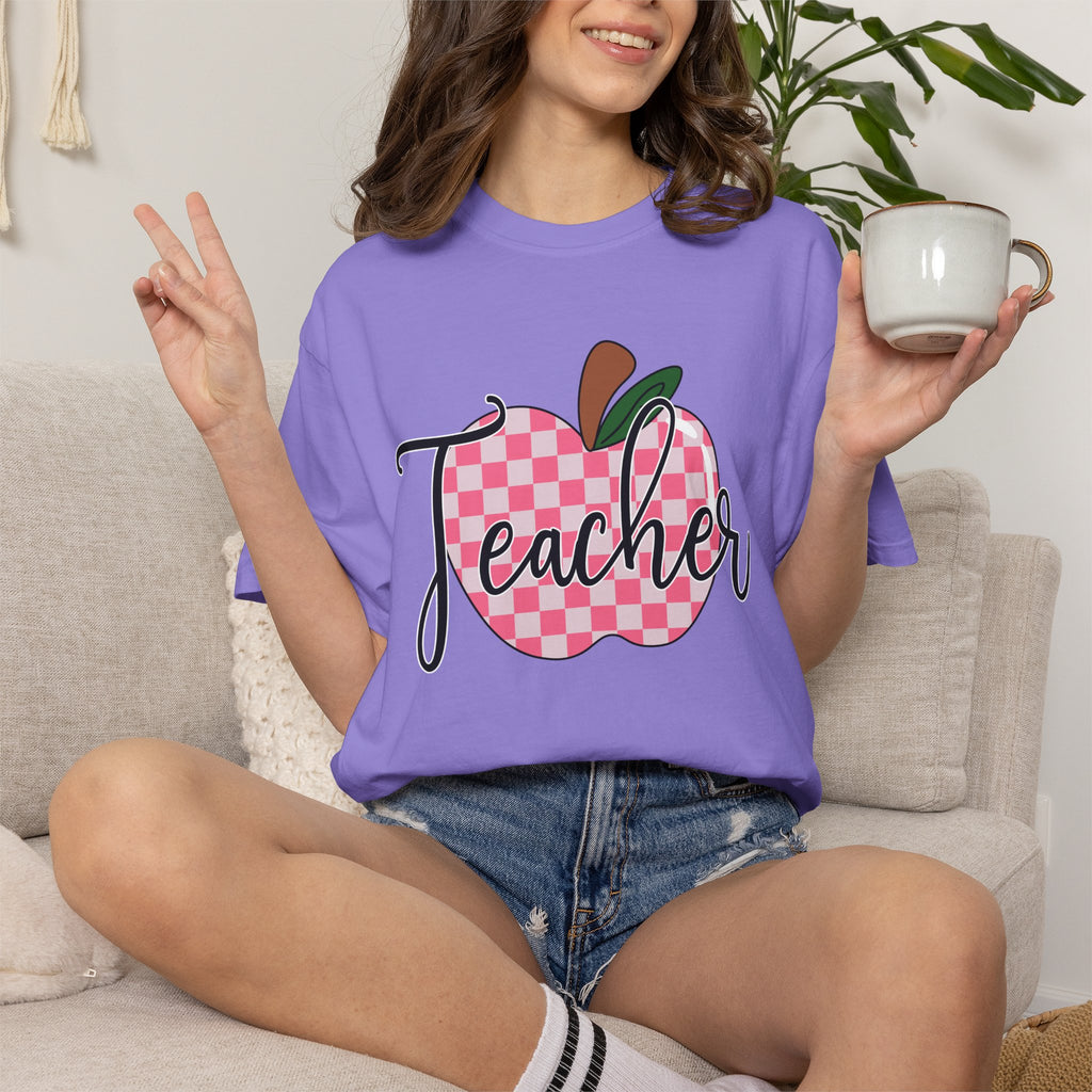 Teacher Apple T-Shirt — Pink Checkered Apple Teacher Tee