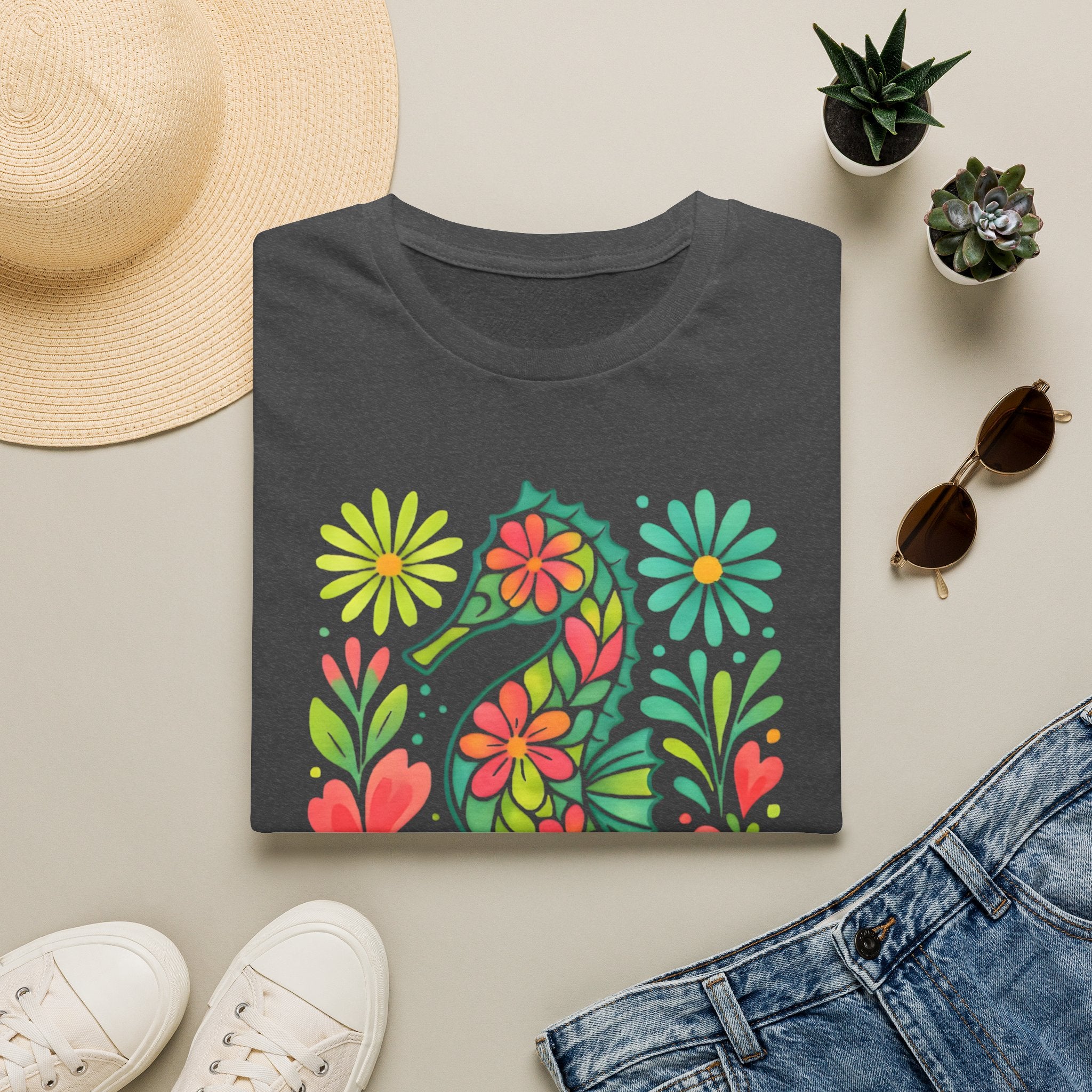 Floral Seahorse T-Shirt — Colorful Tropical Sea Life Tee