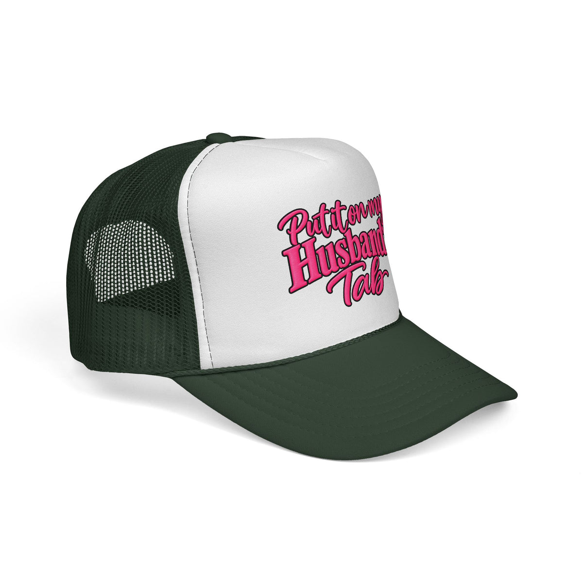 Trucker Cap — "Put It On My Husband's Tab" Pink Script Mesh Hat