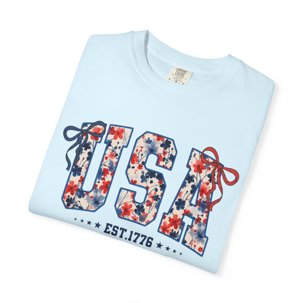USA Floral Graphic T-Shirt — EST.1776 Patriotic Fourth of July Tee
