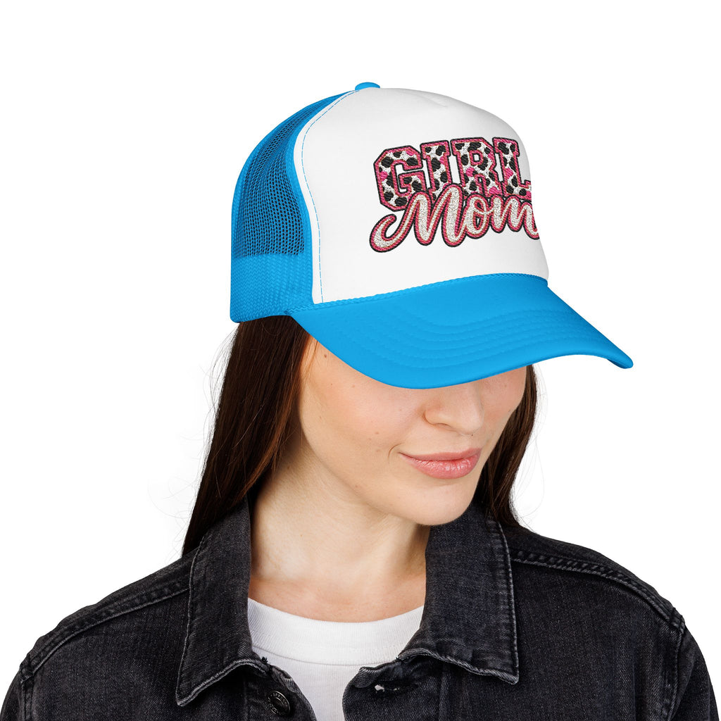 Girl Mom Leopard Foam Trucker Hat — Pink Glitter Script Mesh Cap