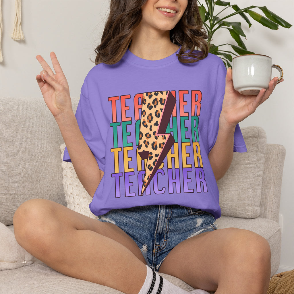 Teacher Lightning Bolt Leopard Print T‑Shirt — Colorful Retro Teacher Tee