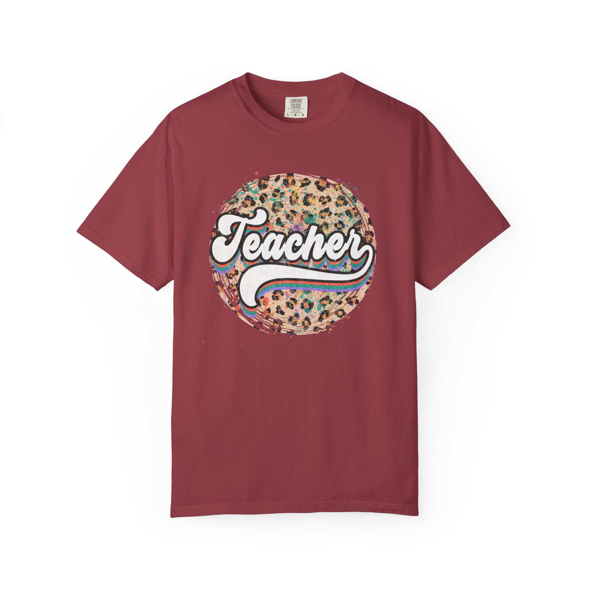 Teacher Leopard Circle T-Shirt — Retro Rainbow Script Tee for Educators