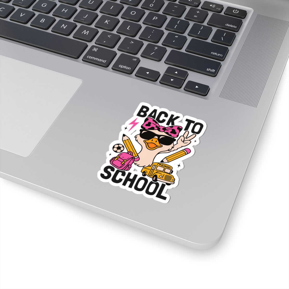 Back to School Duck Kiss-Cut Sticker — Cute Pink Backpack, Bus & Pencil Laptop Decal