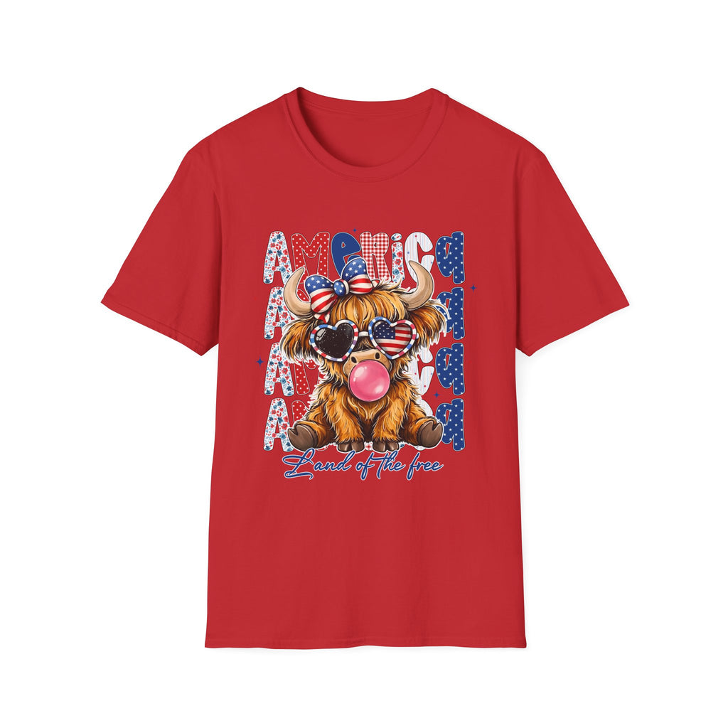 Patriotic Highland Cow T-Shirt — 'Land of the Free' 4th of July Tee