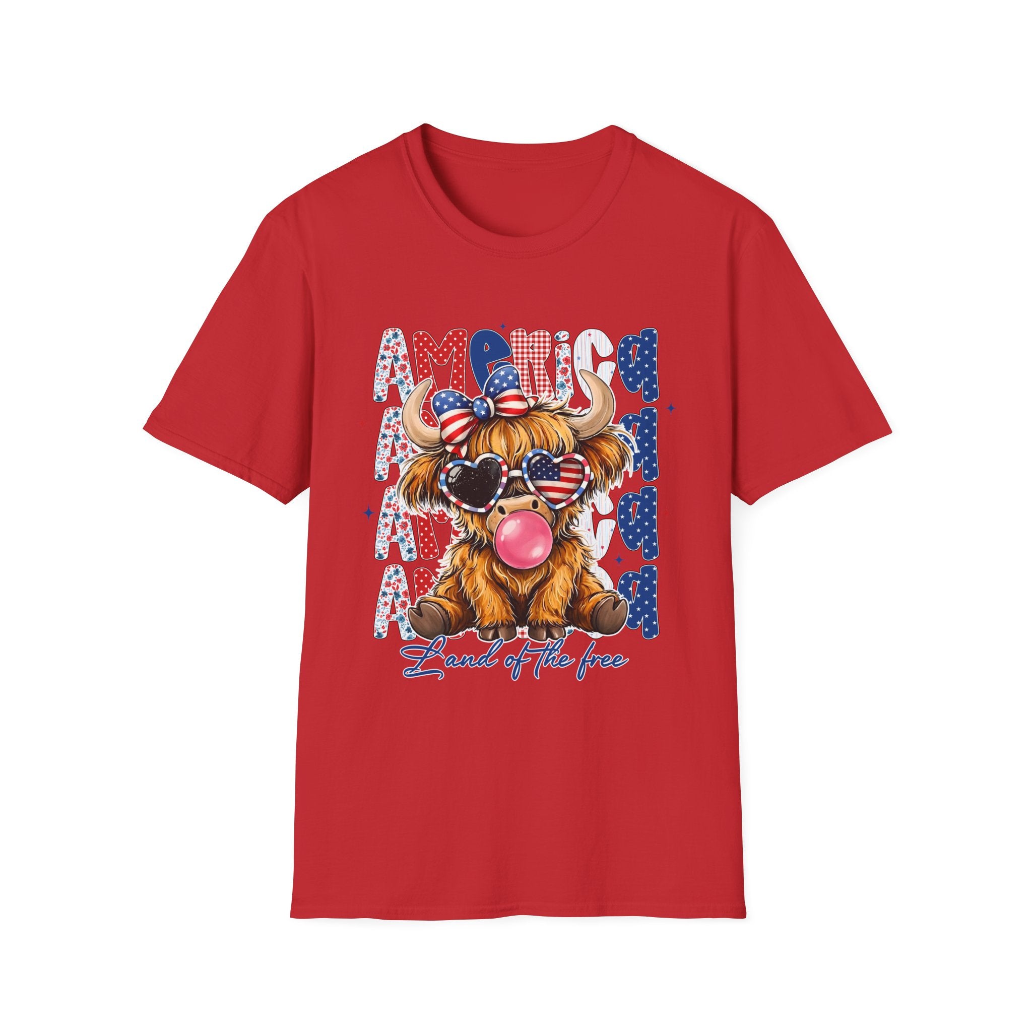 Patriotic Highland Cow T-Shirt — 'Land of the Free' 4th of July Tee