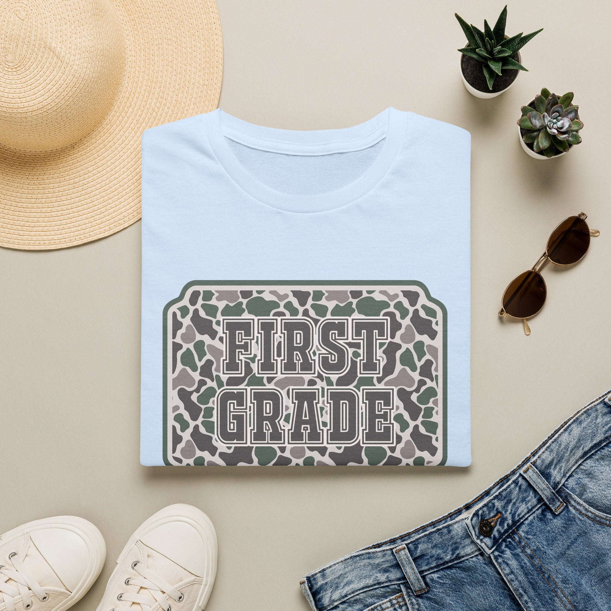 First Grade Camo T-Shirt — 'FIRST GRADE' School Teacher / Back-to-School Shirt