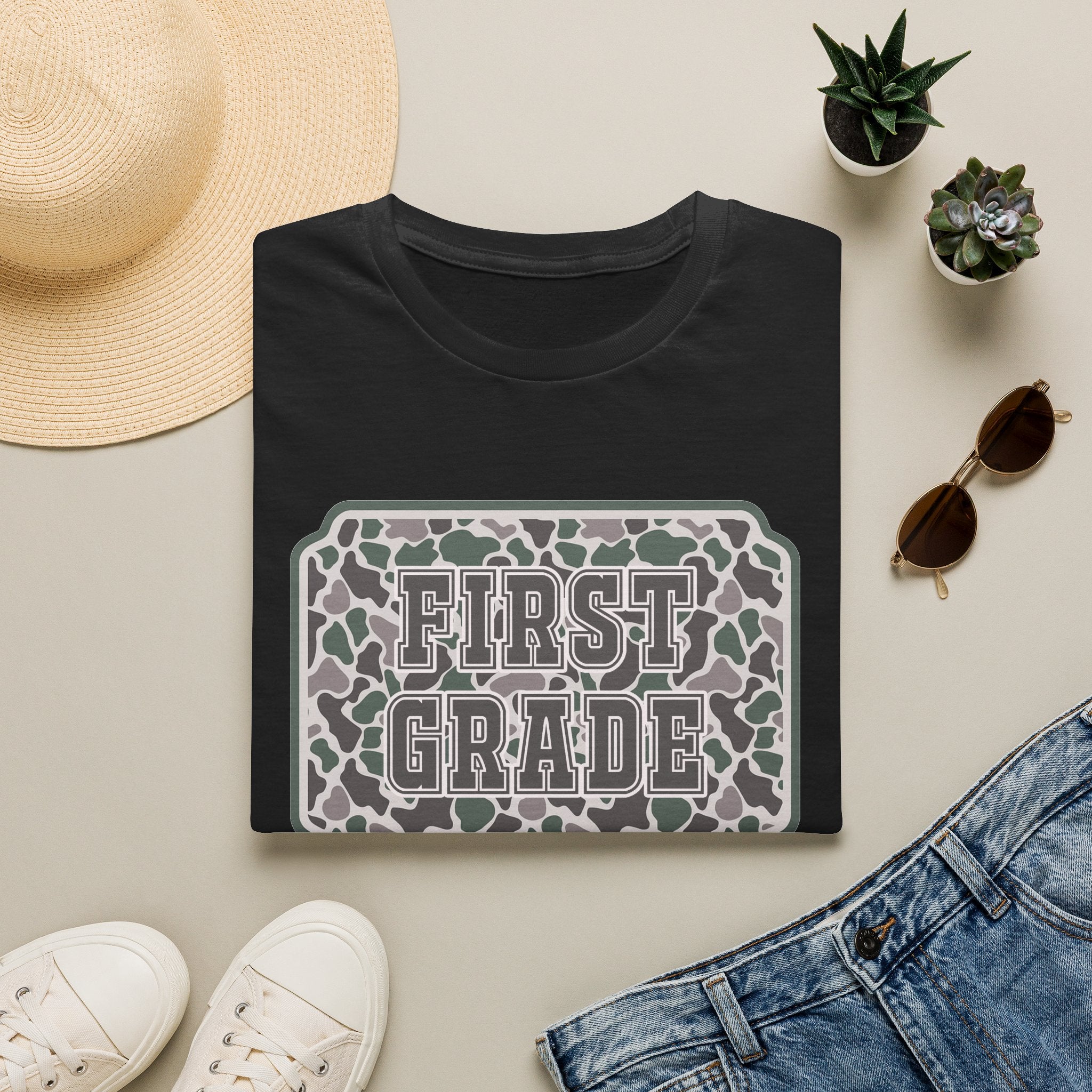 First Grade Camo T-Shirt — 'FIRST GRADE' School Teacher / Back-to-School Shirt