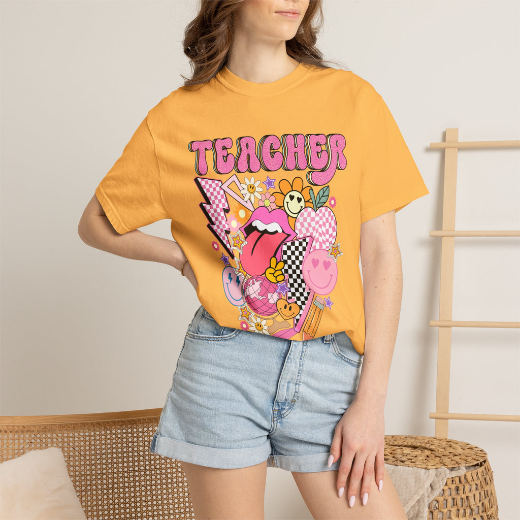 Teacher Retro Pop Graphic T‑Shirt — Cute Pink School Staff Shirt