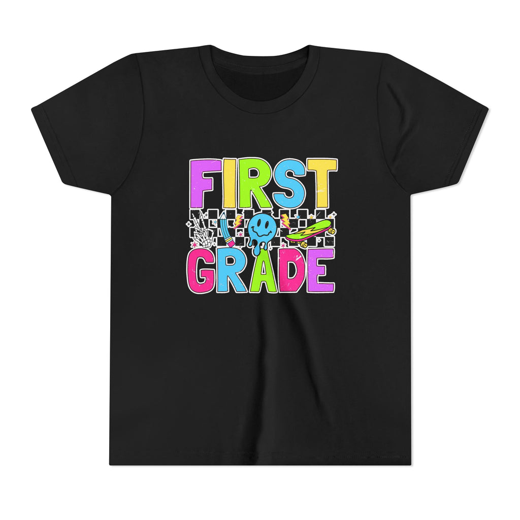 First Grade Youth T‑Shirt — Colorful Checkerboard Smile Back‑to‑School Tee