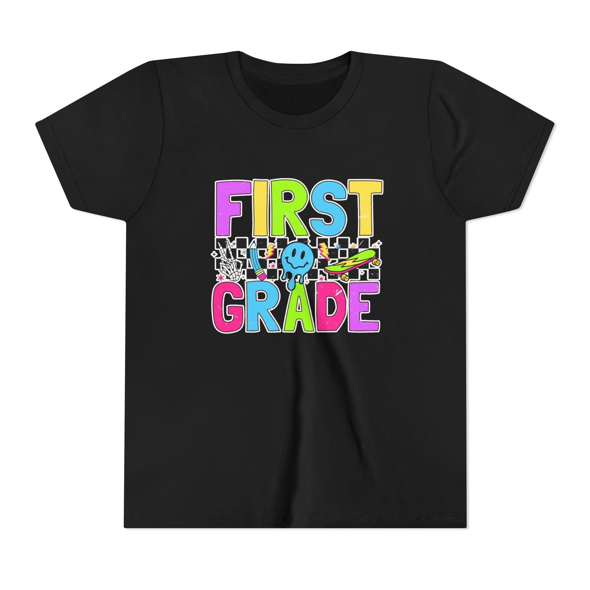 First Grade Youth T‑Shirt — Colorful Checkerboard Smile Back‑to‑School Tee