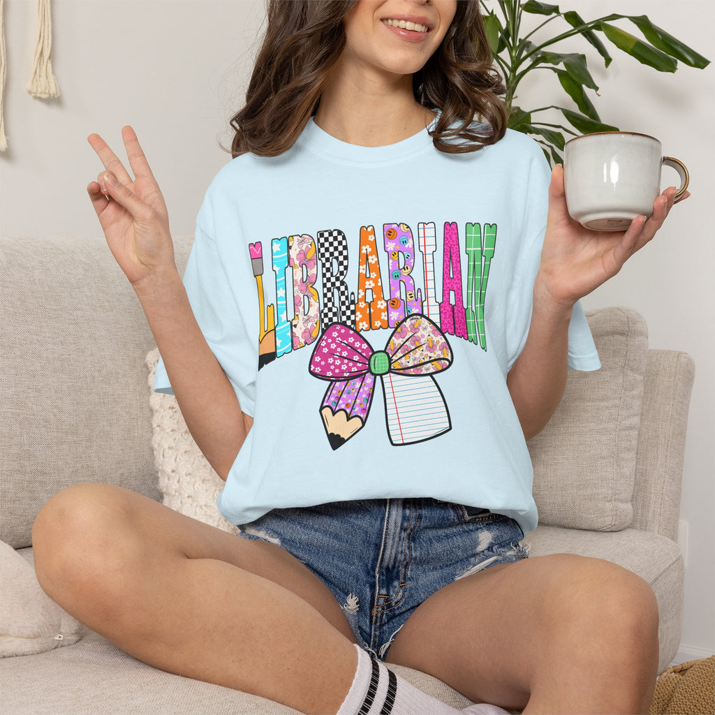 Librarian Graphic T‑Shirt — Colorful Bookish Bow Design