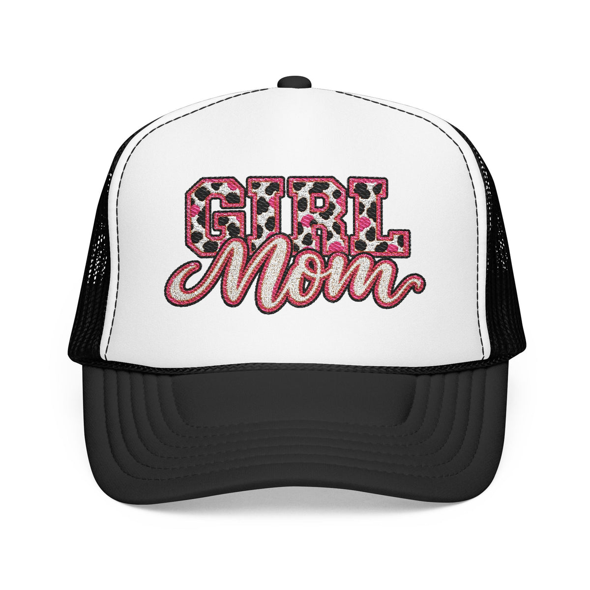 Girl Mom Leopard Foam Trucker Hat — Pink Glitter Script Mesh Cap