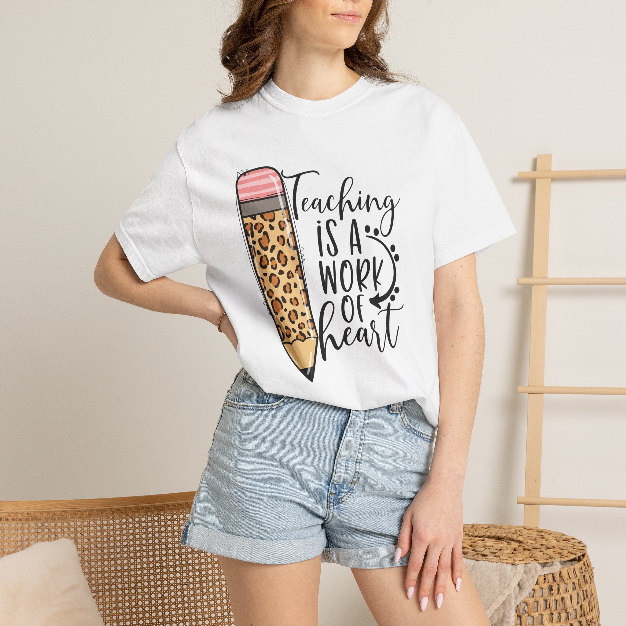 Teaching Is a Work of Heart Leopard Pencil T-Shirt — Teacher Appreciation Gift