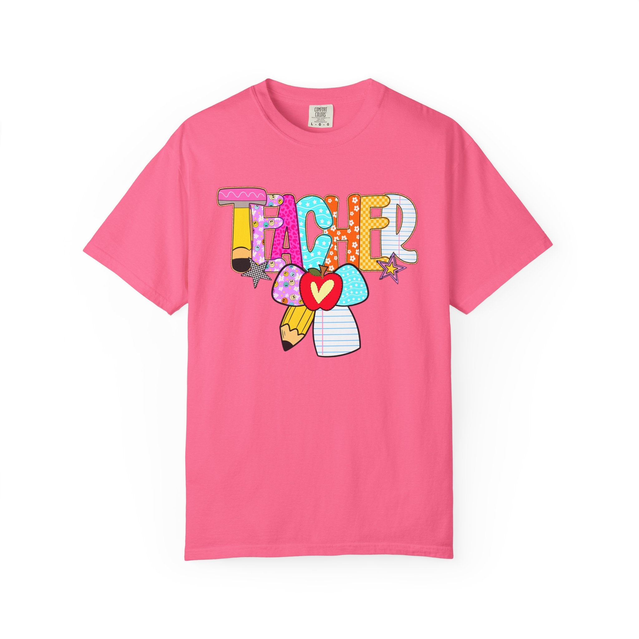 Teacher Doodle Graphic T‑Shirt — Colorful Pencil & Apple School Design