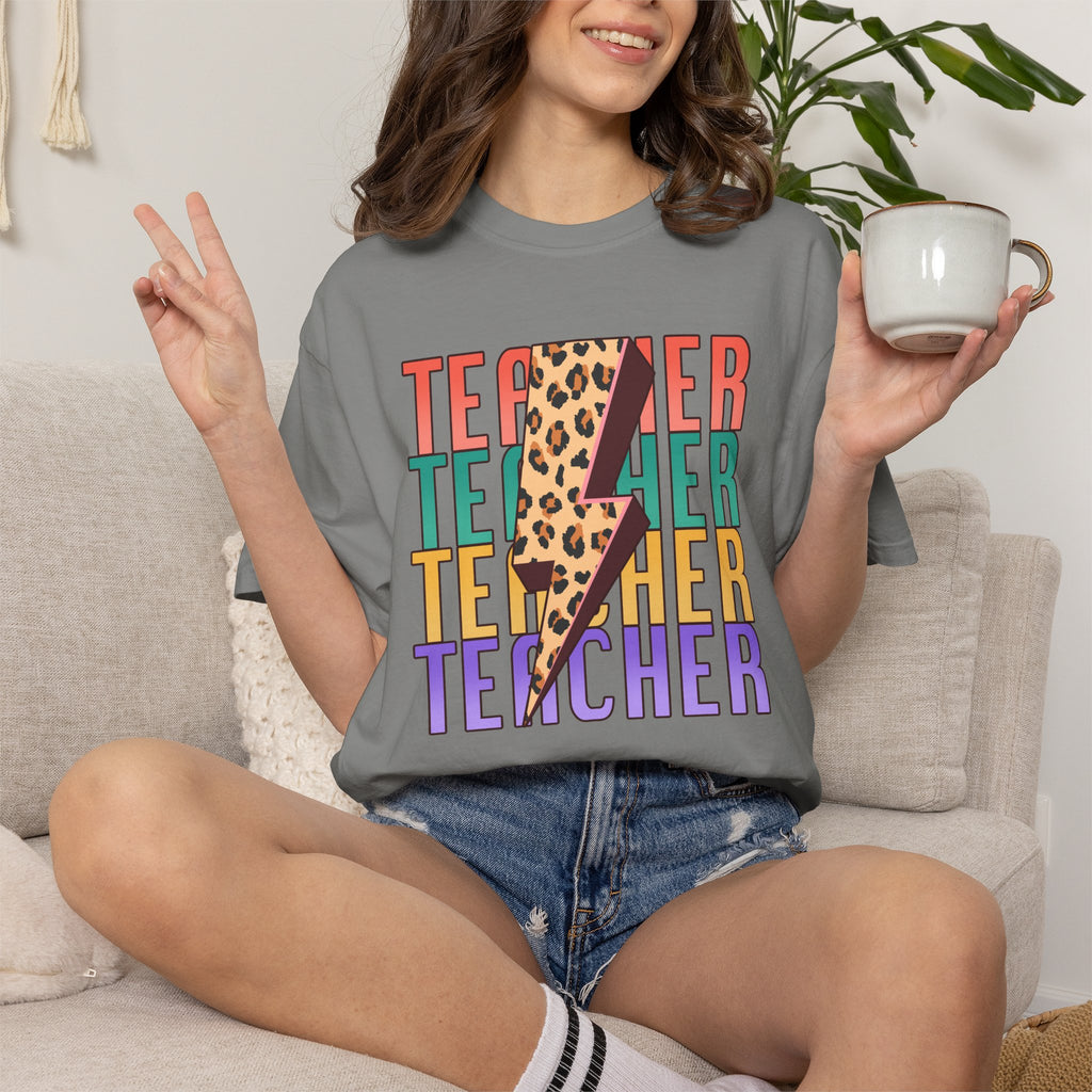 Teacher Lightning Bolt Leopard Print T‑Shirt — Colorful Retro Teacher Tee