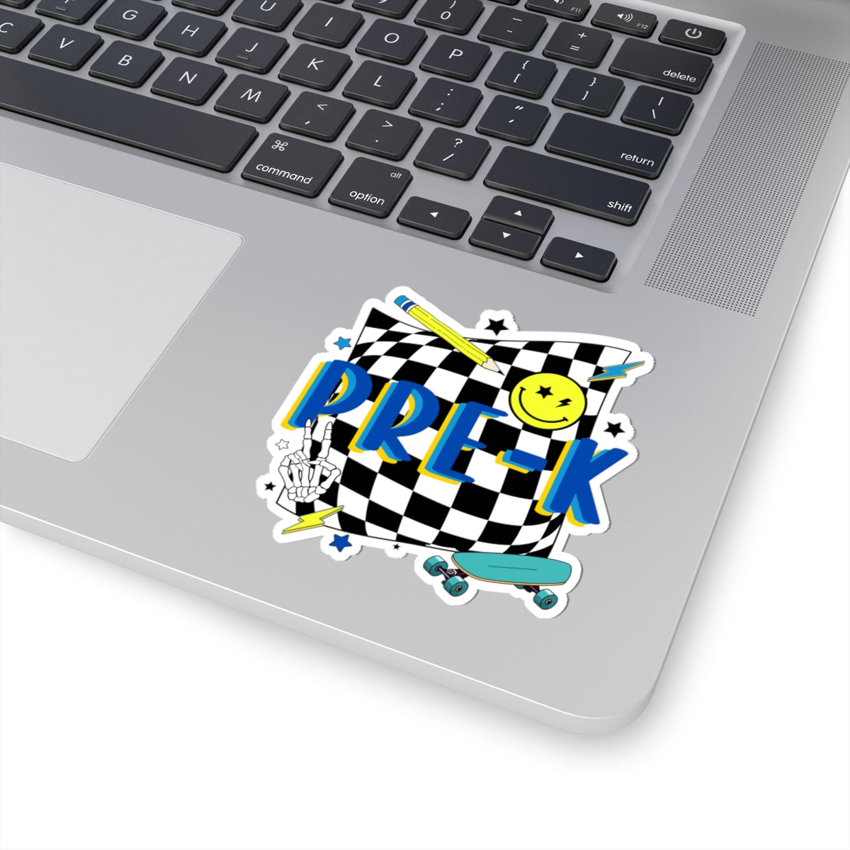 PRE-K Skateboard Sticker — Cute Checkered Smile Kids School Decal