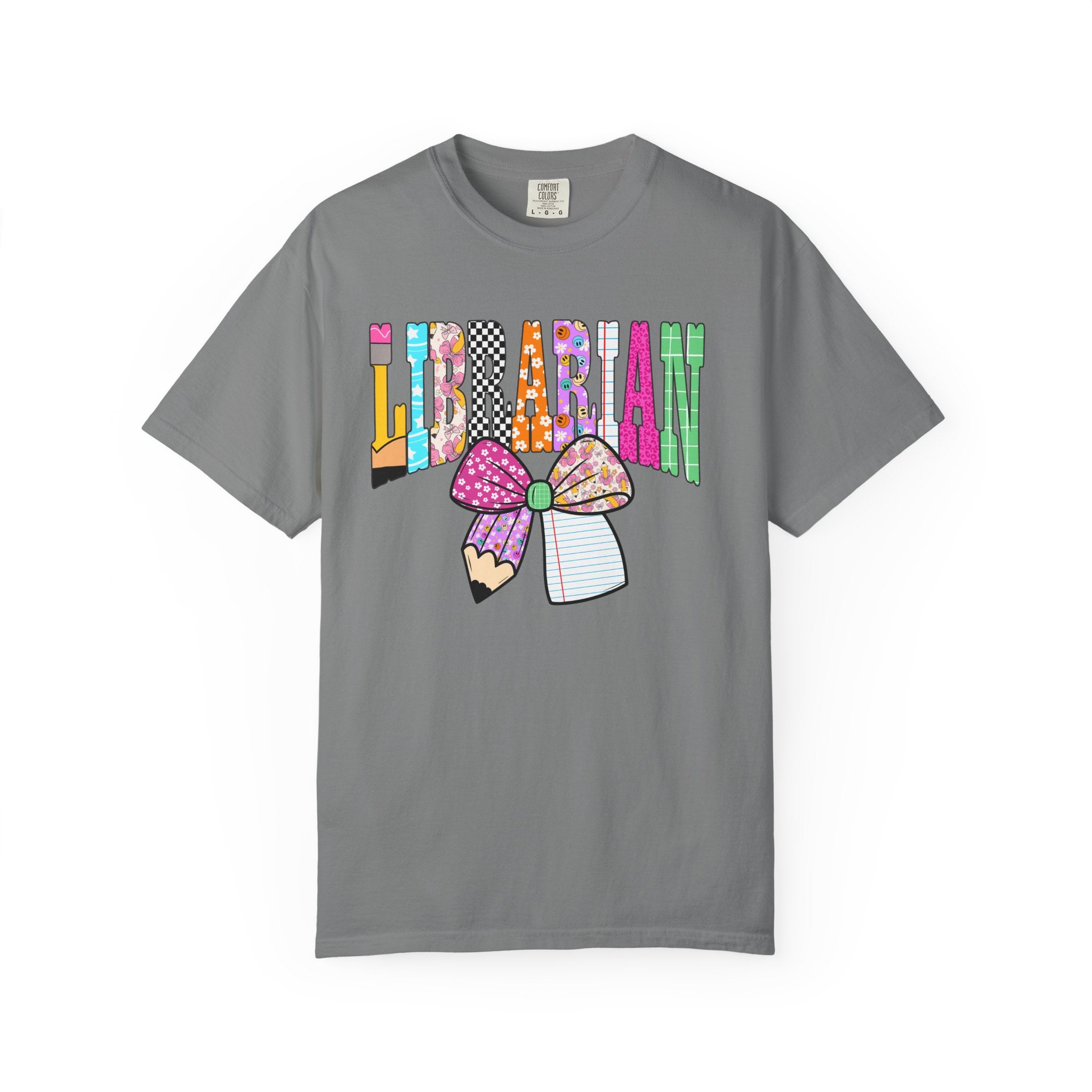 Librarian Graphic T‑Shirt — Colorful Bookish Bow Design