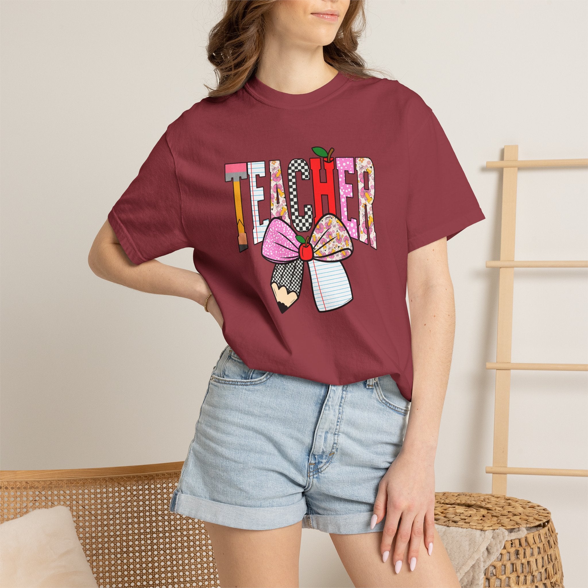 Teacher Graphic T-Shirt — Colorful Pencil & Bow Design