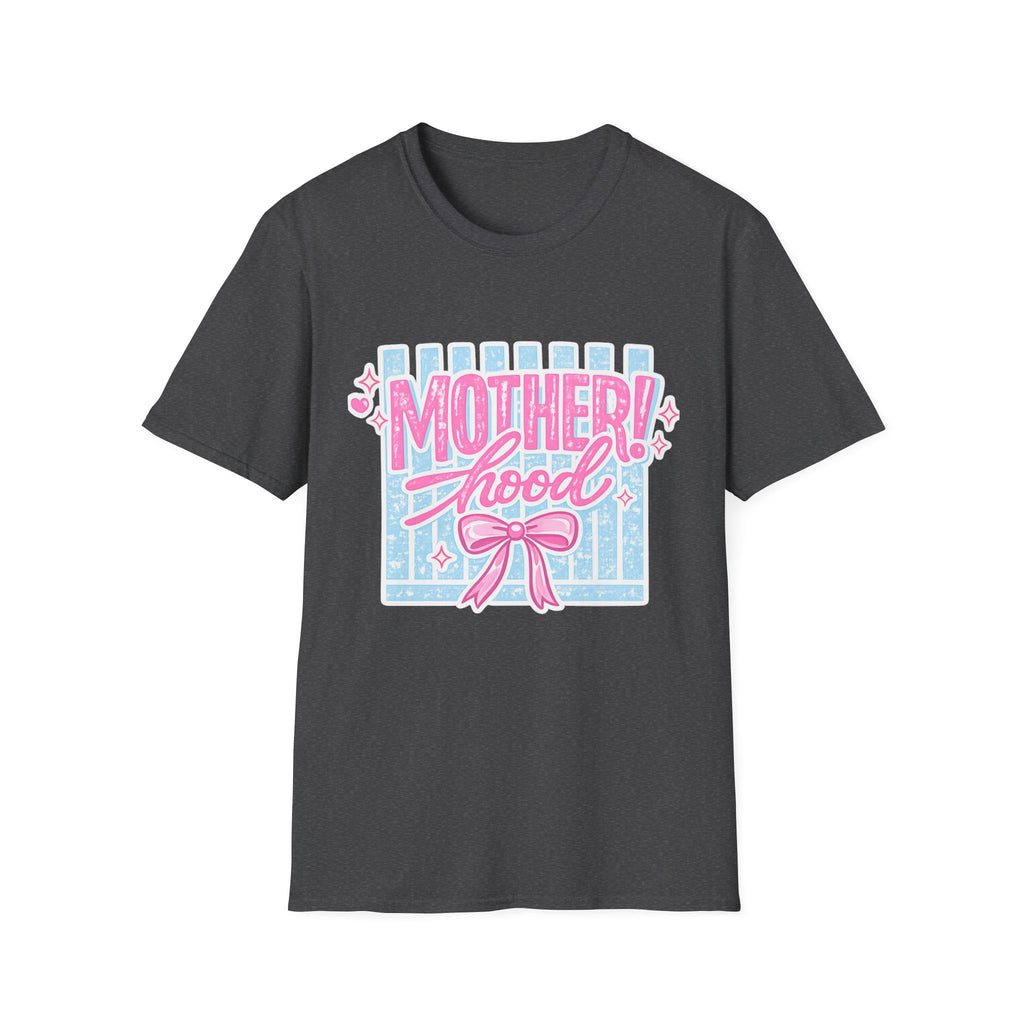 Motherhood Retro Tee — "Mother!hood" Pink & Blue Graphic T-Shirt for New Moms