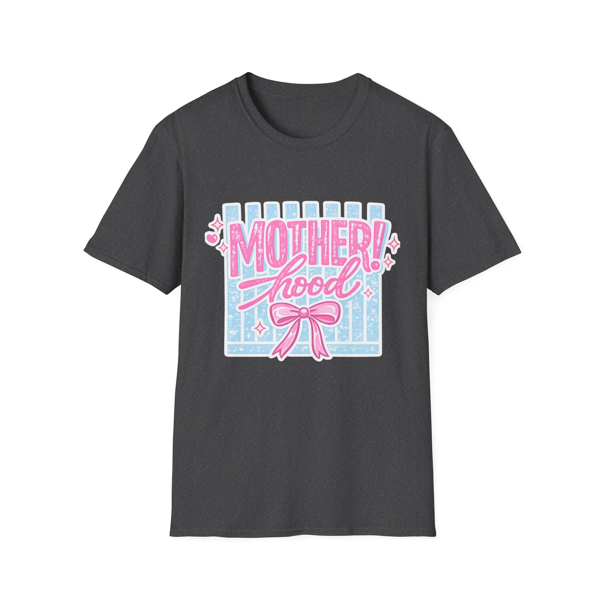 Motherhood Retro Tee — "Mother!hood" Pink & Blue Graphic T-Shirt for New Moms