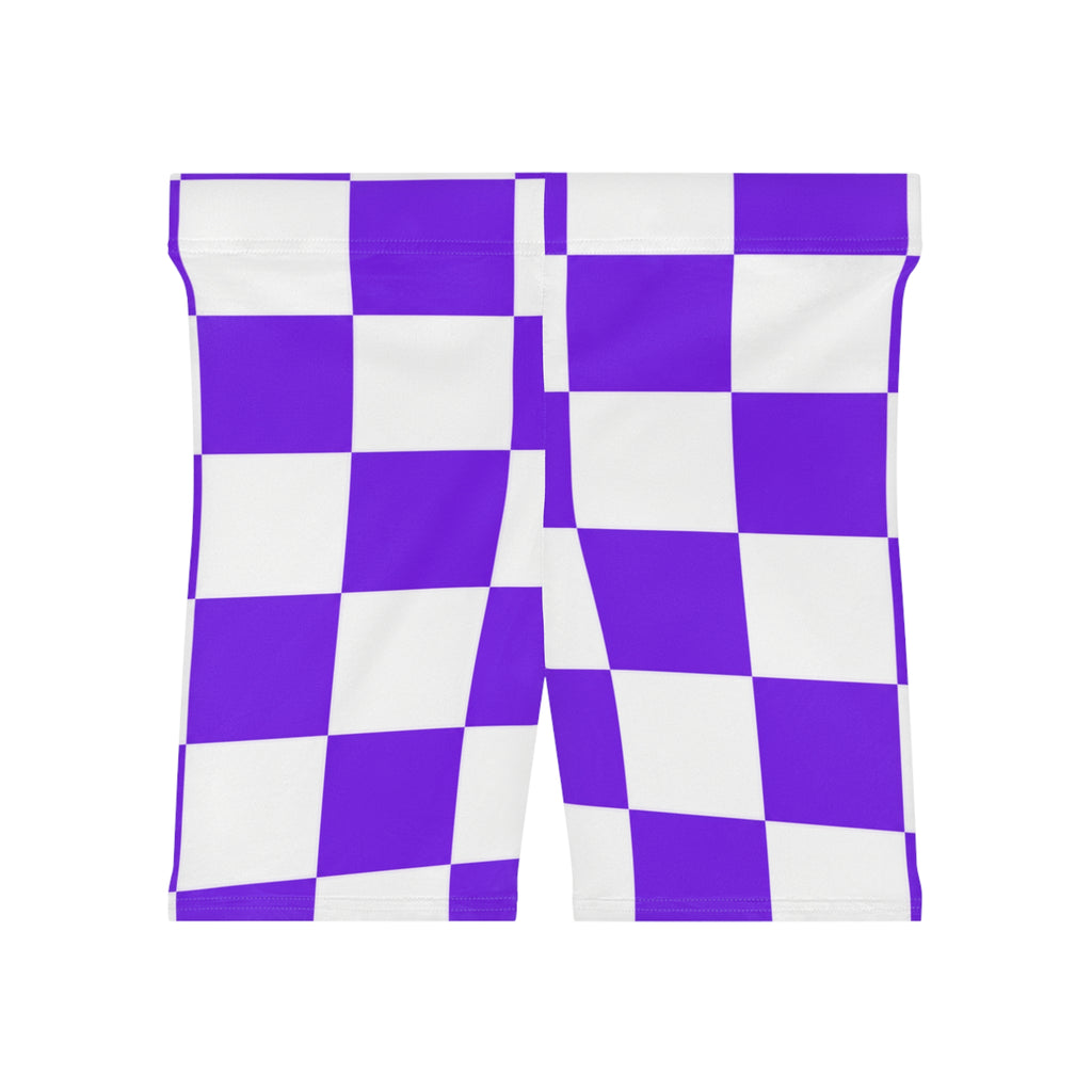 Purple Checkered Biker Shorts — Women's Retro Racing Style