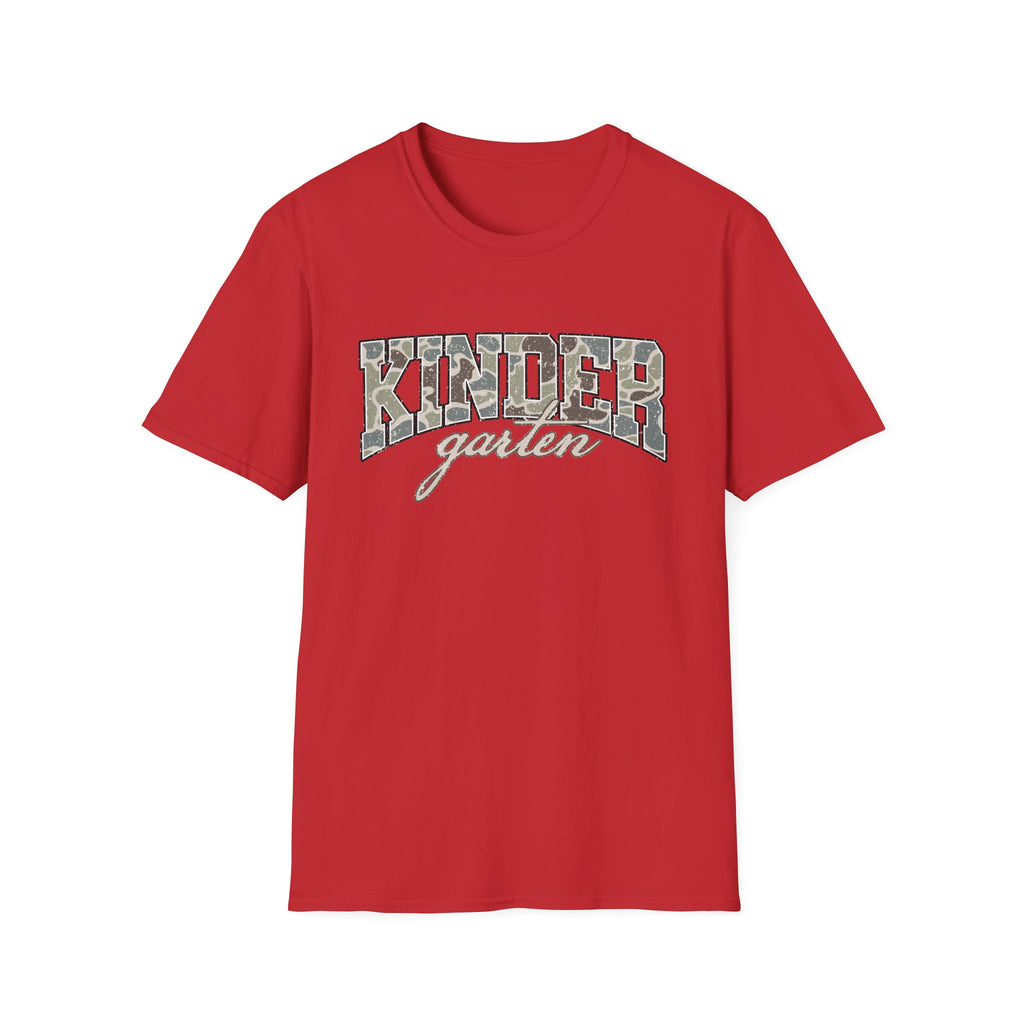 Kindergarten Camo T-Shirt — 'Kindergarten' Script & Camo Block Design
