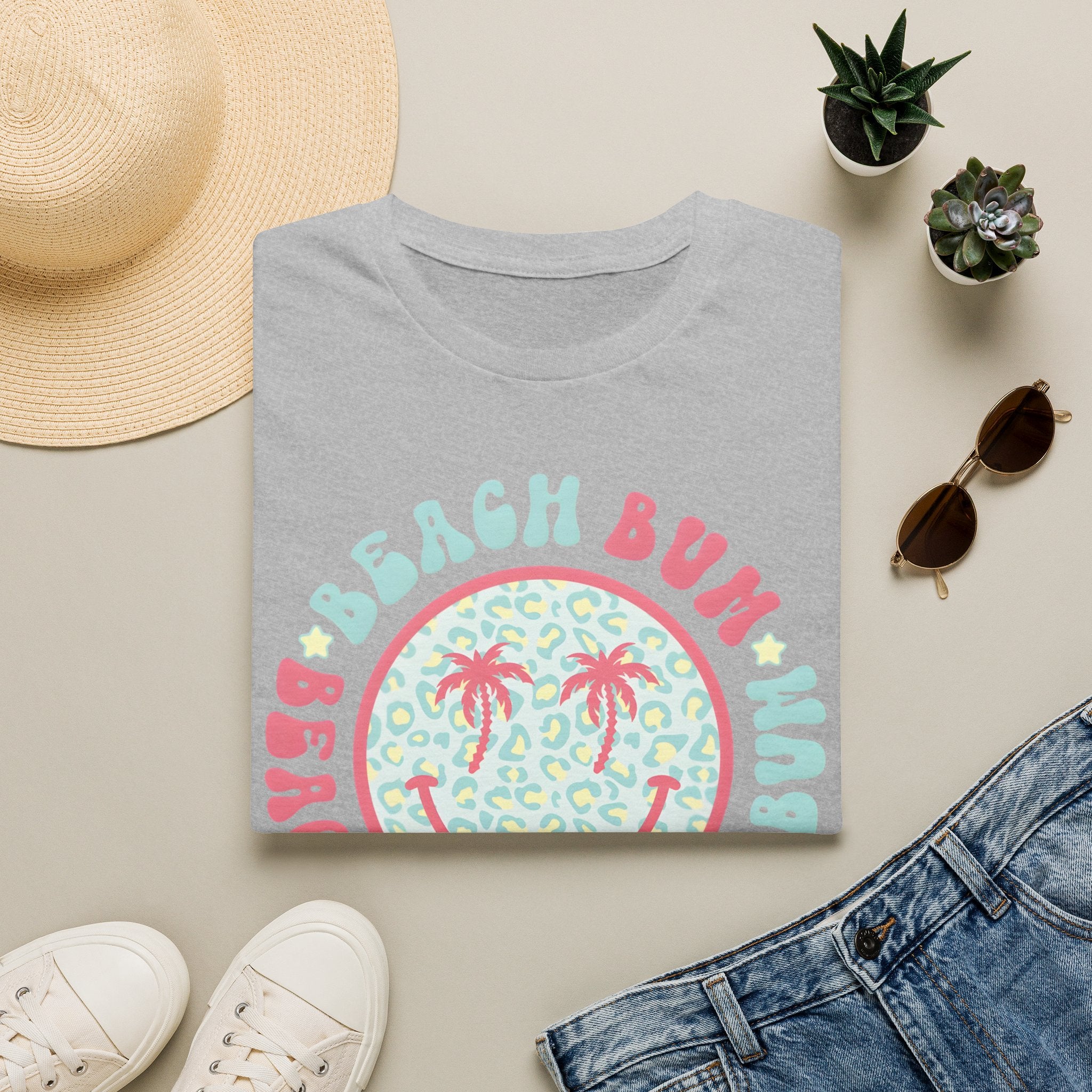 Beach Bum Smiley T-Shirt — Pastel Palm Tree Graphic
