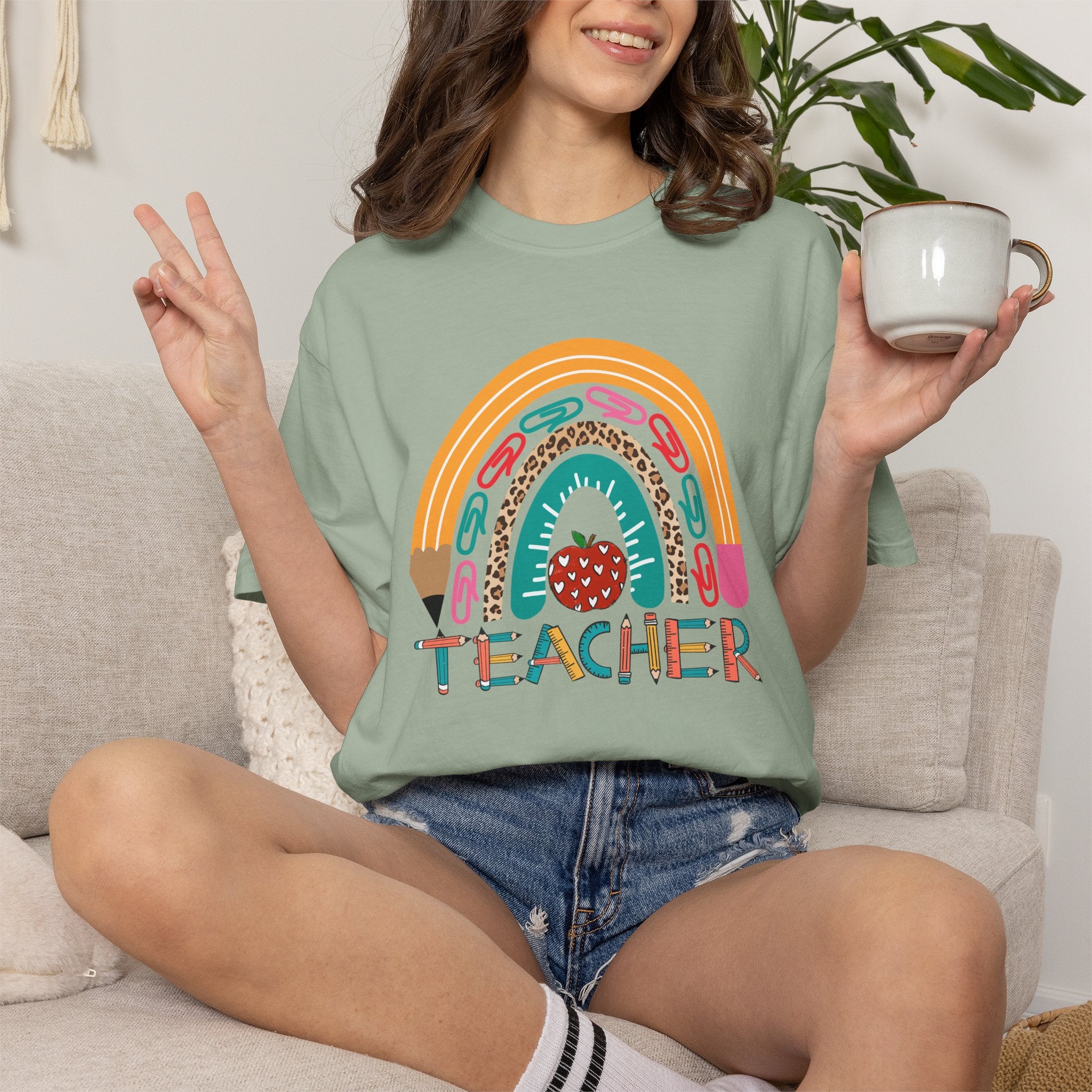 Teacher Rainbow T-Shirt — Cute Apple & Pencil Back-to-School Tee