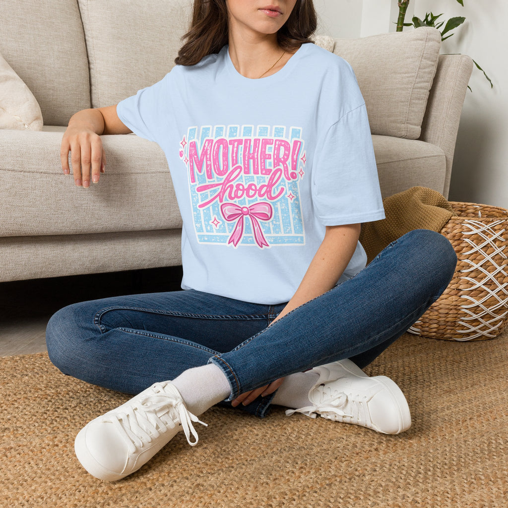 Motherhood Retro Tee — "Mother!hood" Pink & Blue Graphic T-Shirt for New Moms