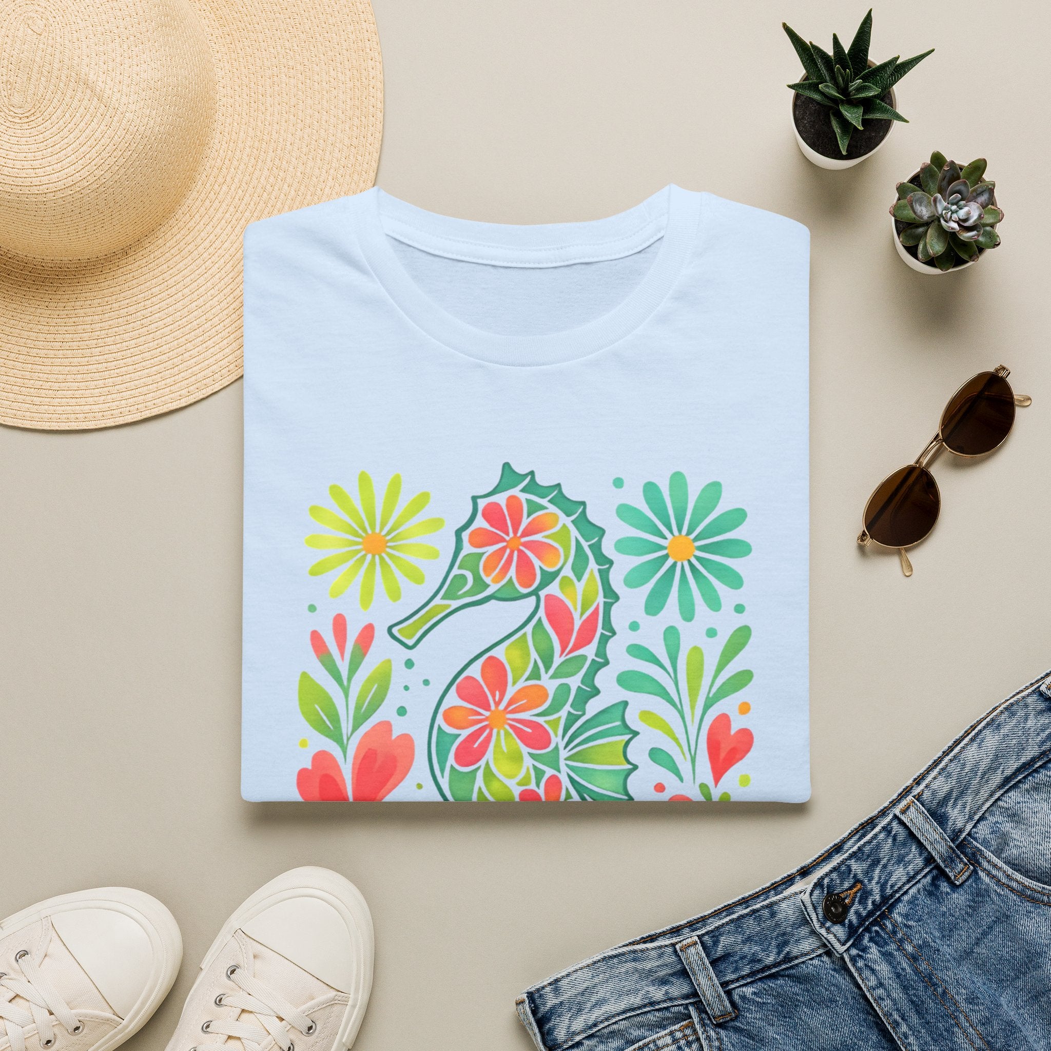Floral Seahorse T-Shirt — Colorful Tropical Sea Life Tee